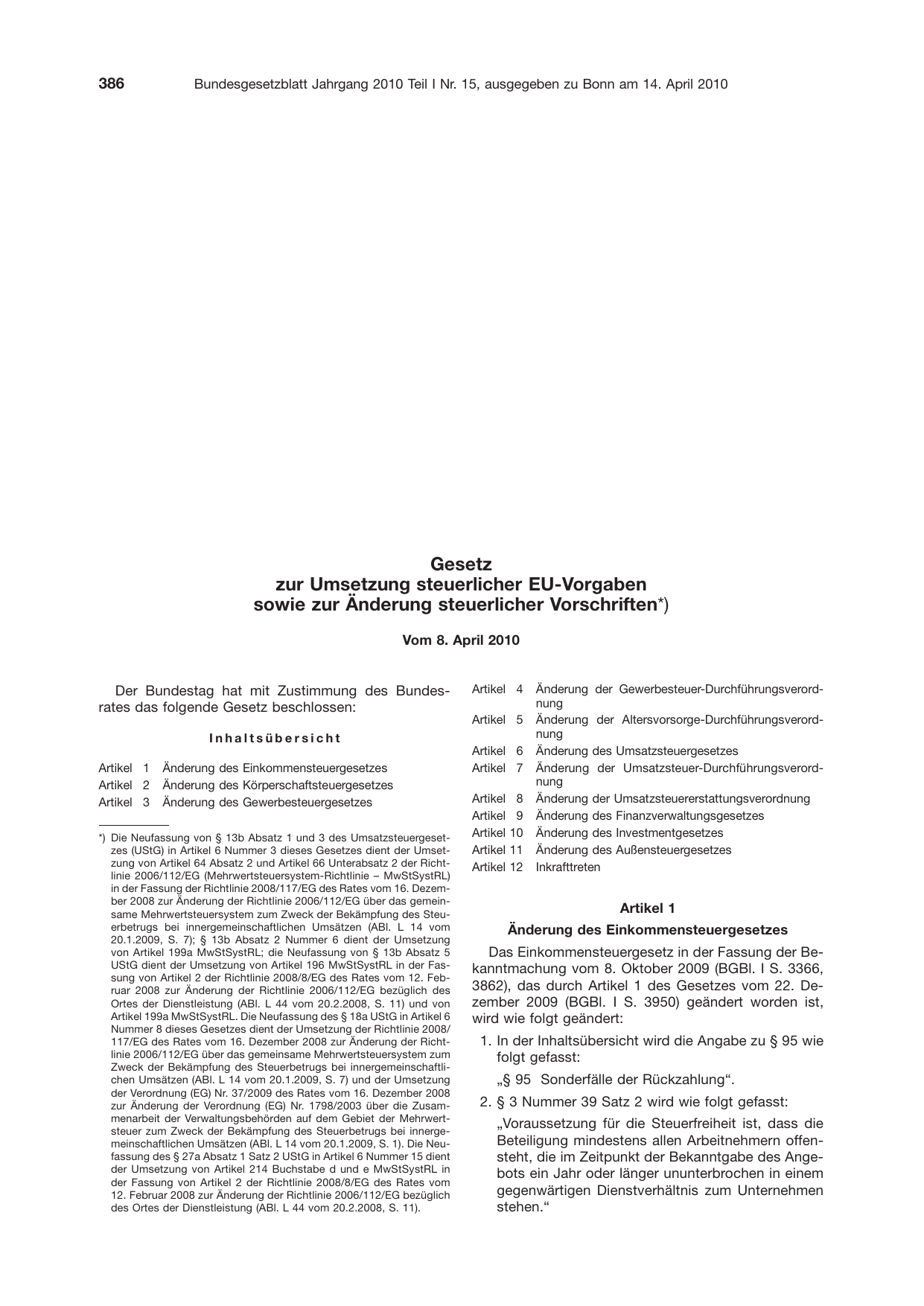 BGBl. 2010, Seite 386 — Originalseite als Abbildung