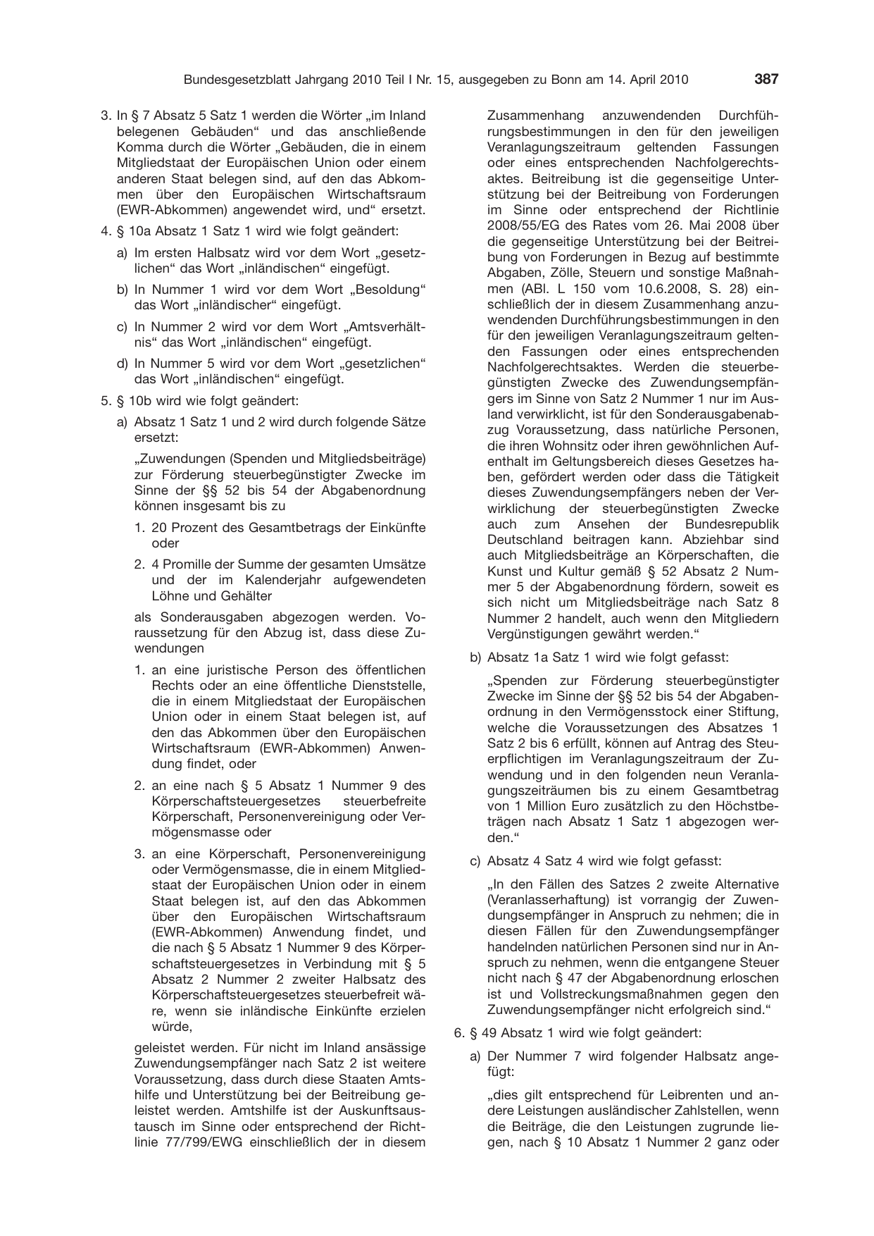BGBl. 2010, Seite 387 — Originalseite als Abbildung