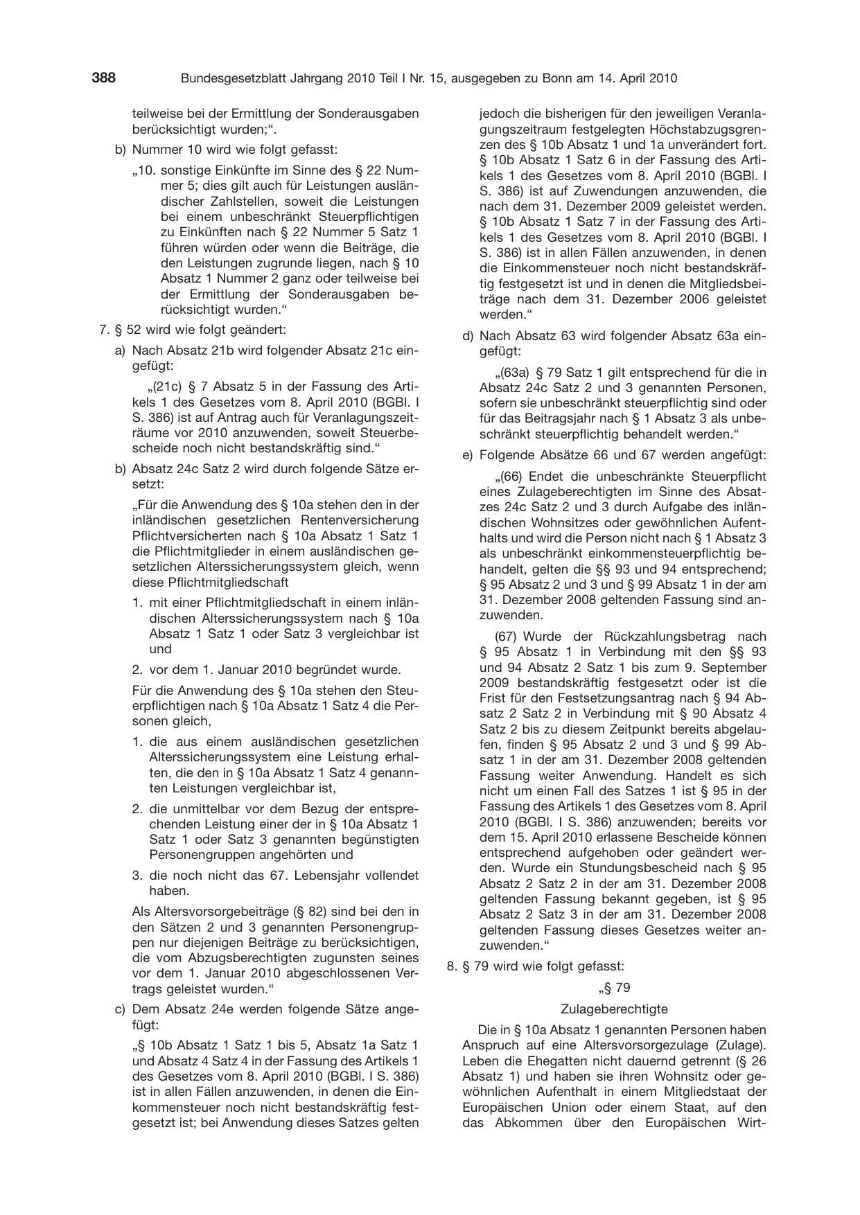 BGBl. 2010, Seite 388 — Originalseite als Abbildung