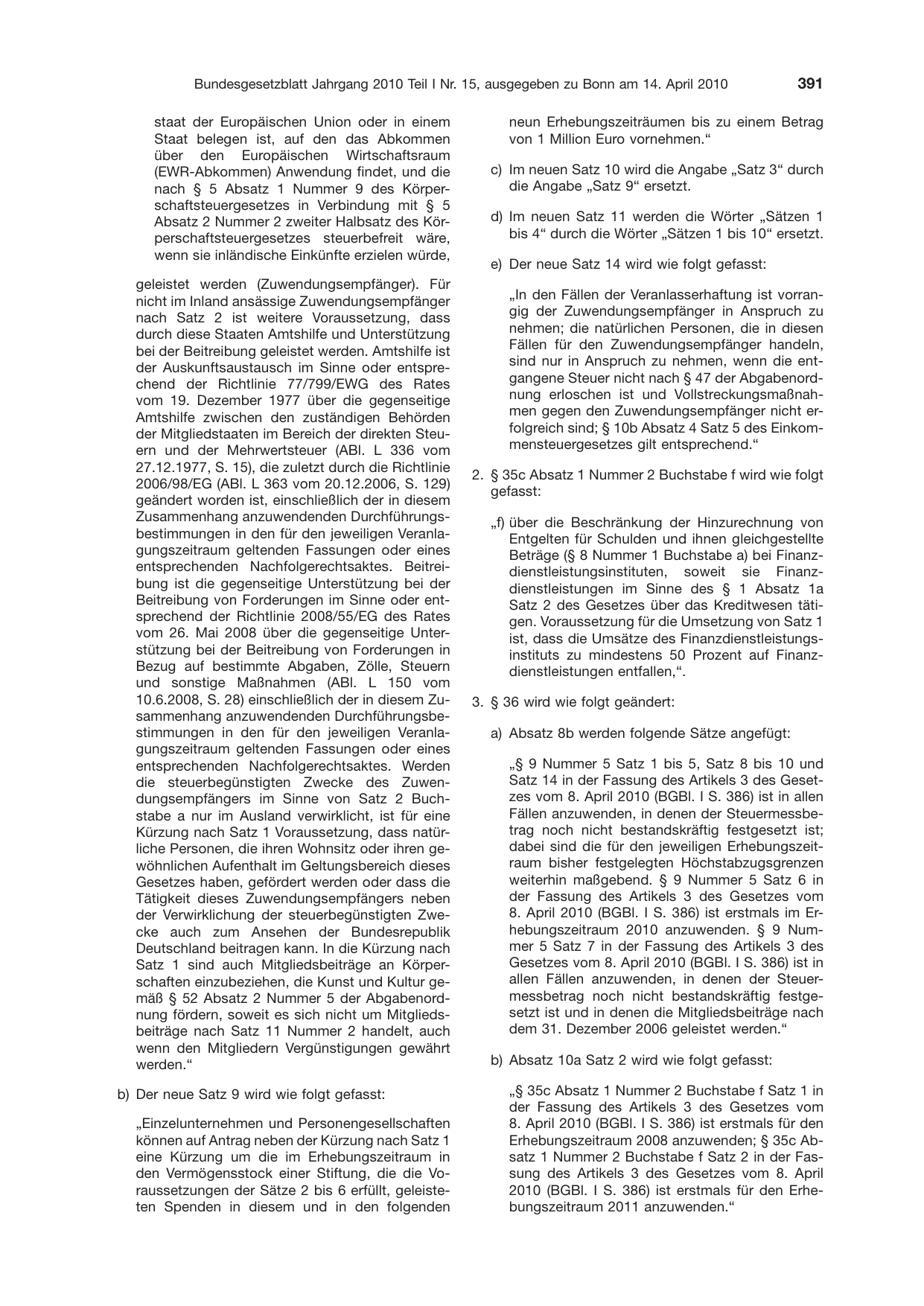 BGBl. 2010, Seite 391 — Originalseite als Abbildung