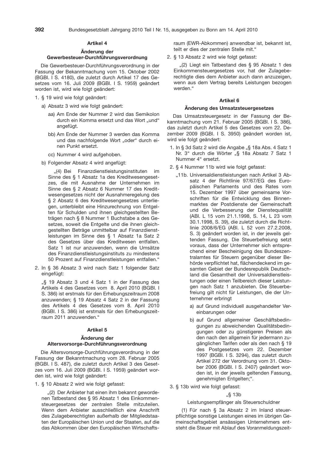BGBl. 2010, Seite 392 — Originalseite als Abbildung