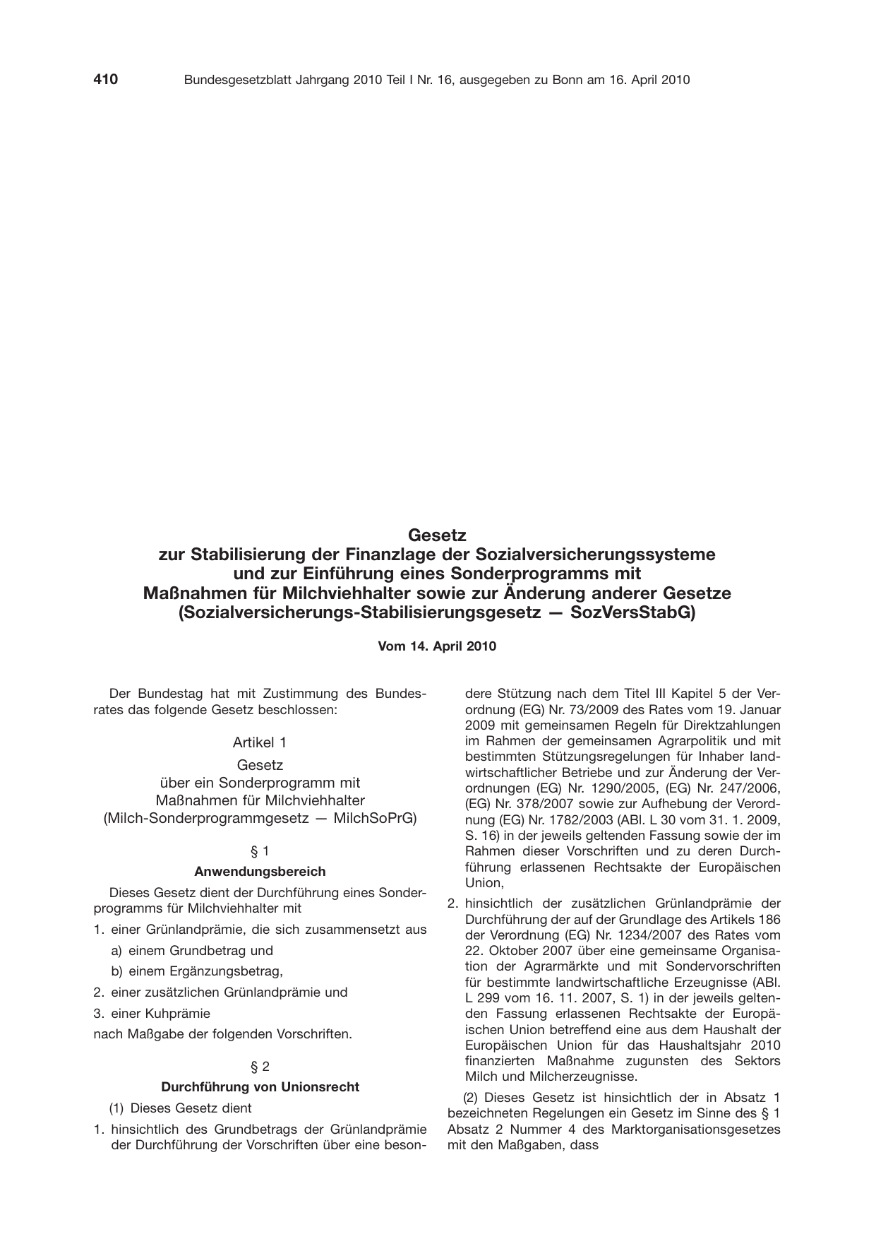 BGBl. 2010, Seite 410 — Originalseite als Abbildung