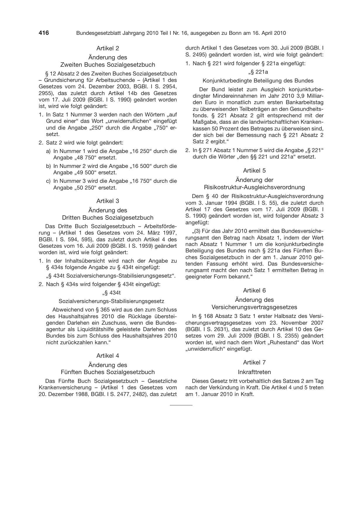 BGBl. 2010, Seite 416 — Originalseite als Abbildung