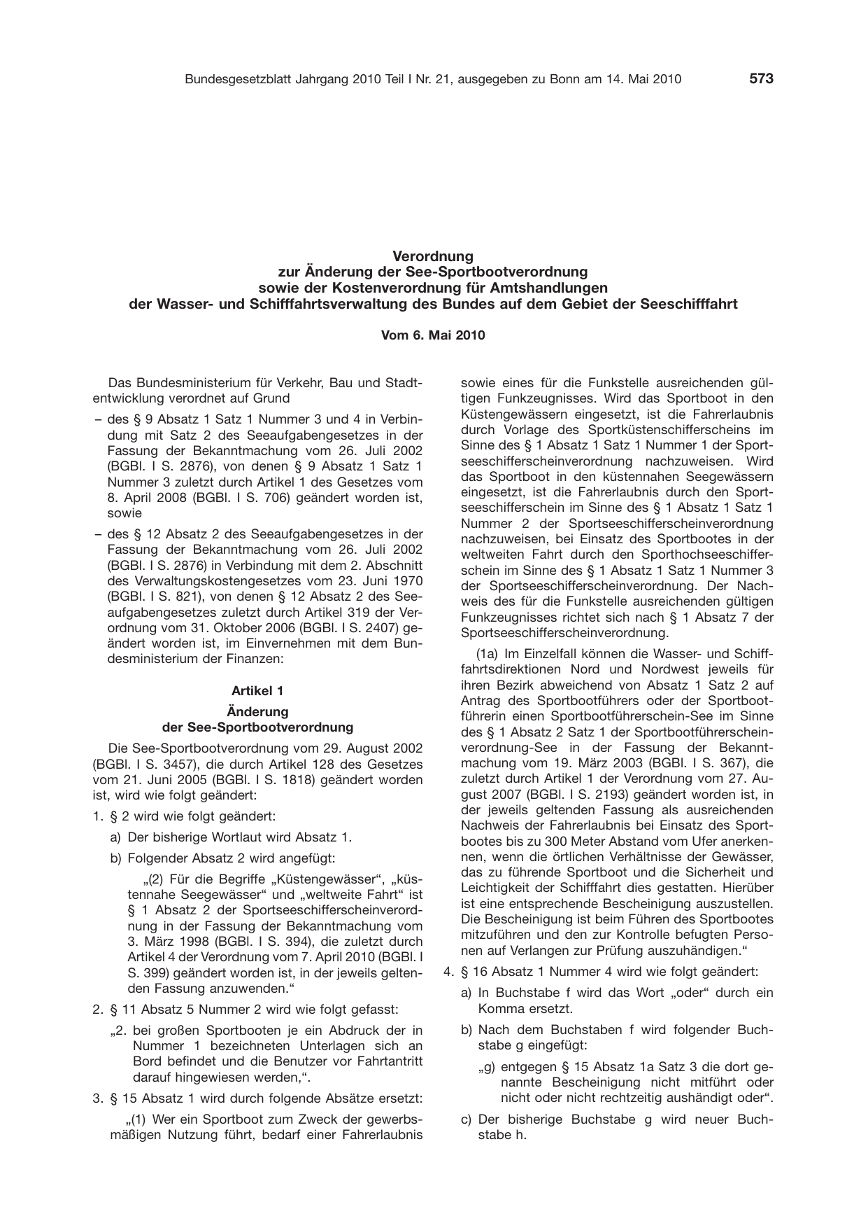 BGBl. 2010, Seite 573 — Originalseite als Abbildung