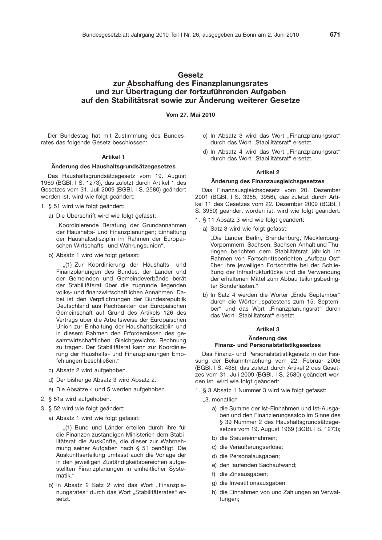 BGBl. 2010, Seite 671 — Originalseite als Abbildung