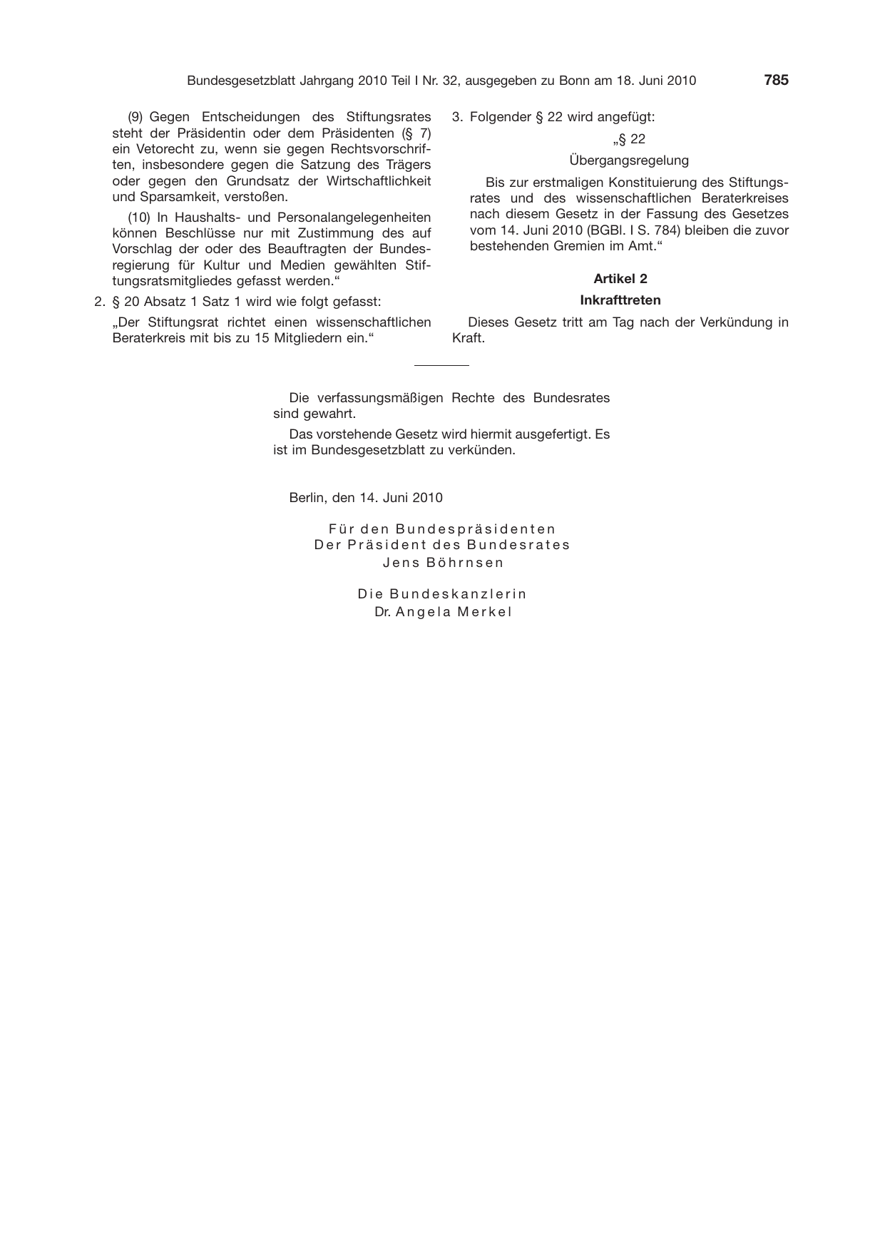 BGBl. 2010, Seite 785 — Originalseite als Abbildung