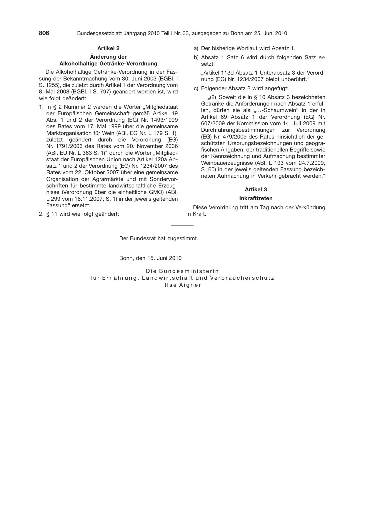 BGBl. 2010, Seite 806 — Originalseite als Abbildung