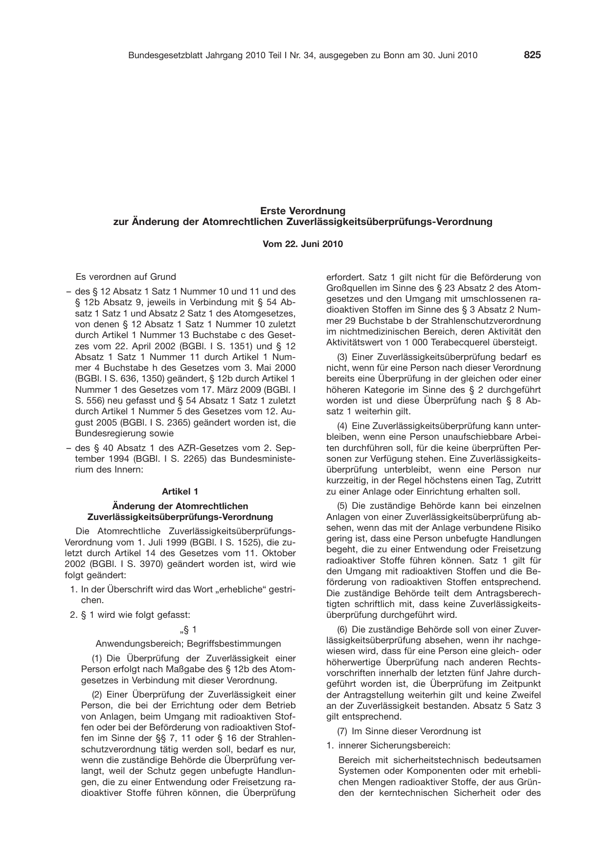 BGBl. 2010, Seite 825 — Originalseite als Abbildung