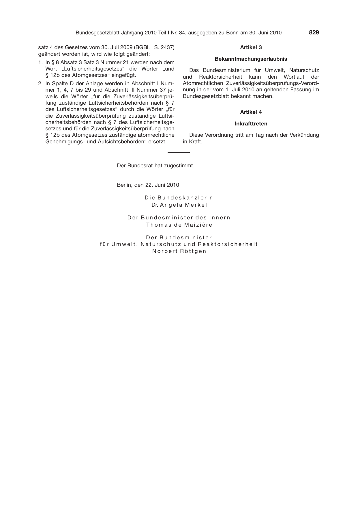 BGBl. 2010, Seite 829 — Originalseite als Abbildung
