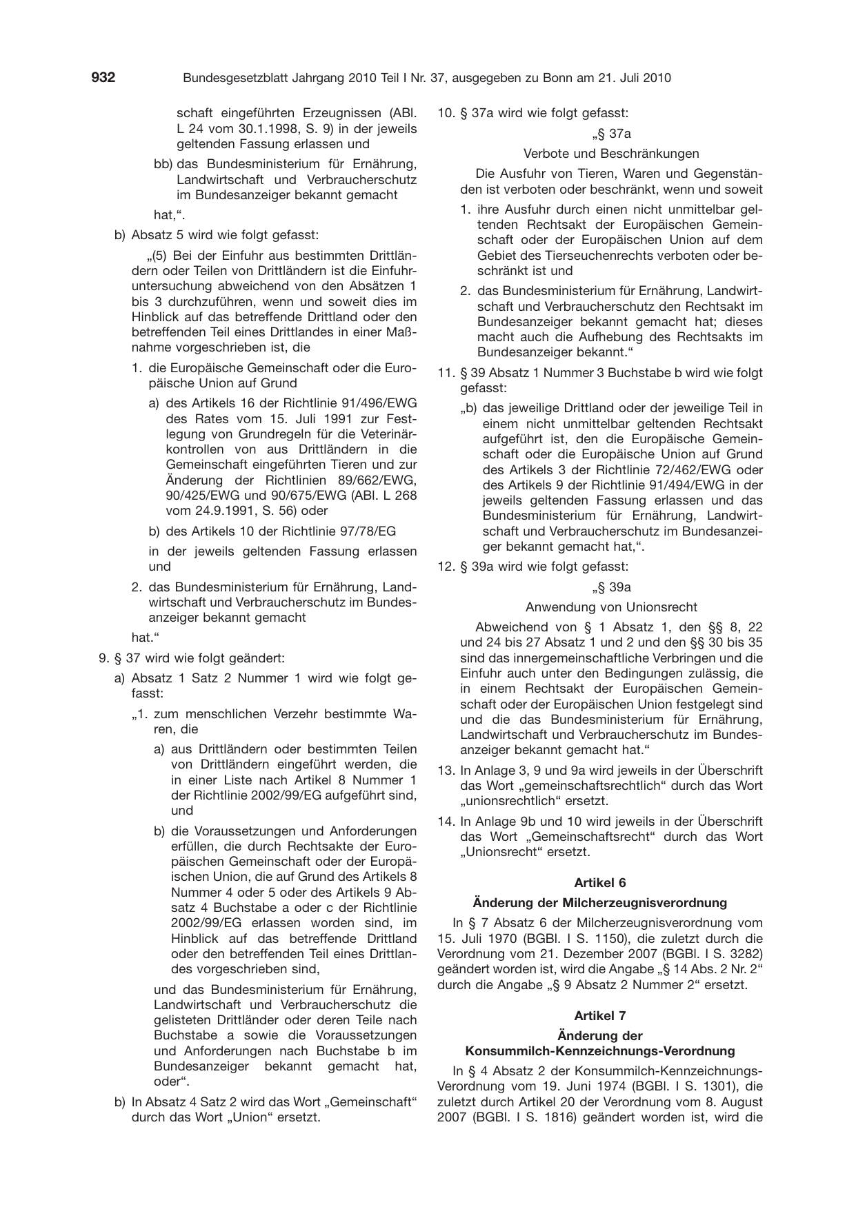 BGBl. 2010, Seite 932 — Originalseite als Abbildung