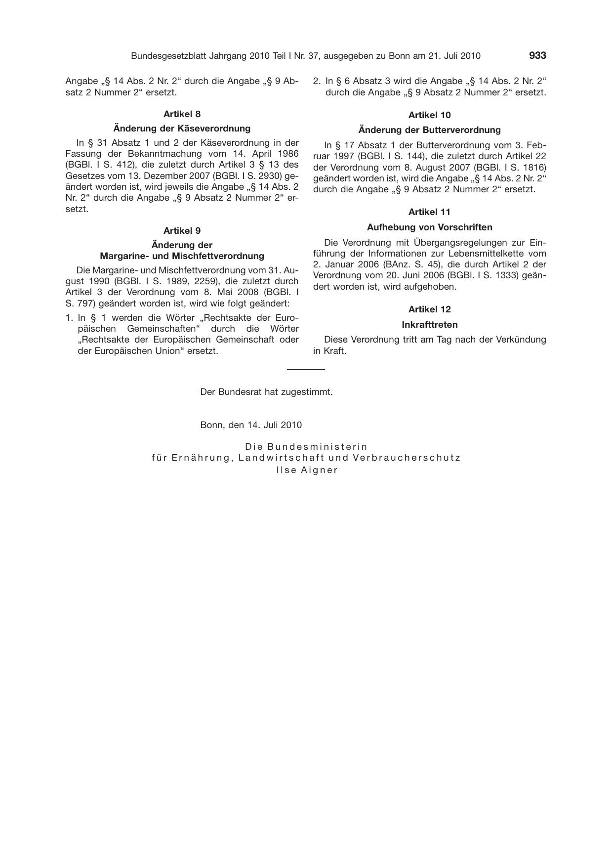 BGBl. 2010, Seite 933 — Originalseite als Abbildung