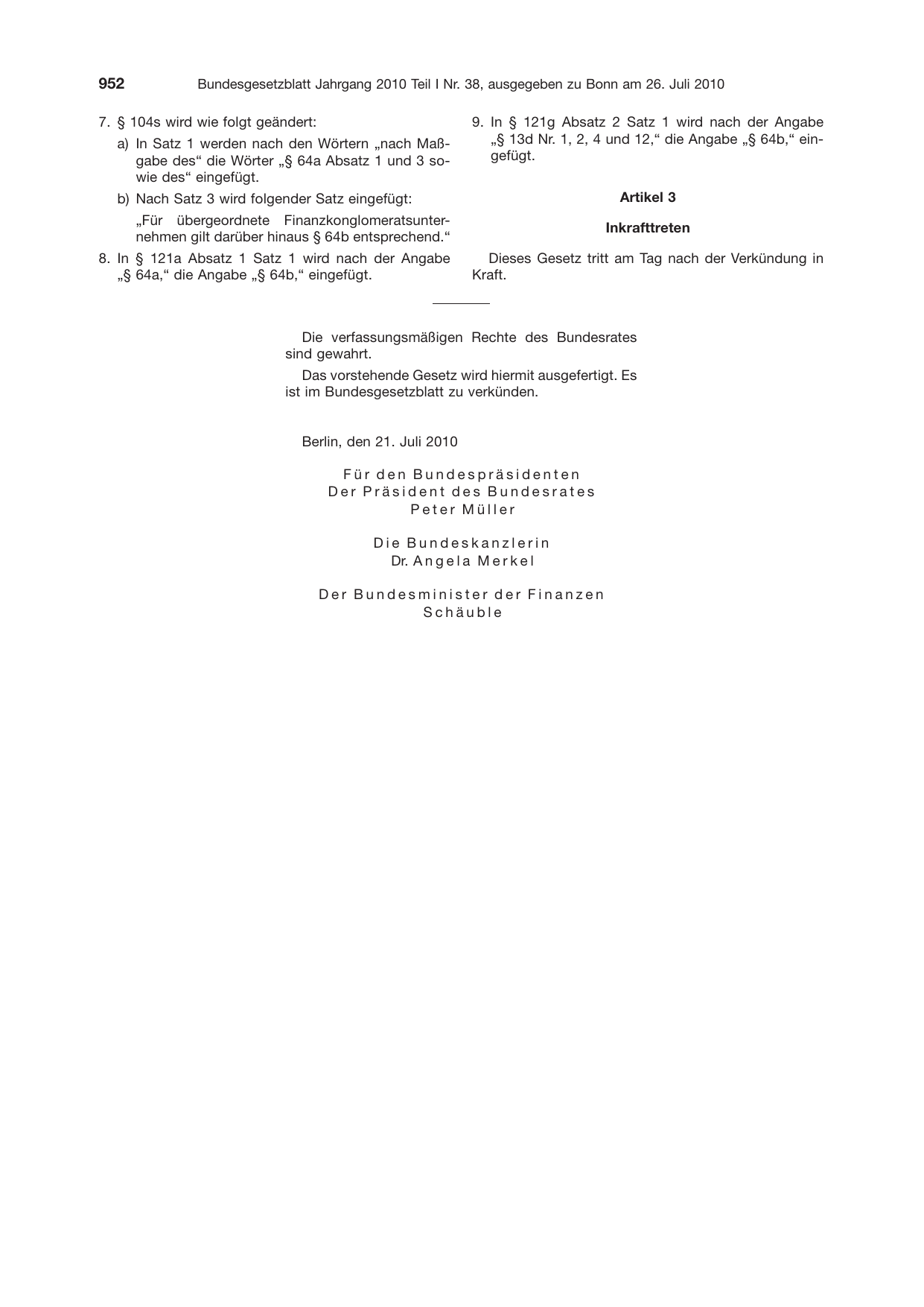 BGBl. 2010, Seite 952 — Originalseite als Abbildung