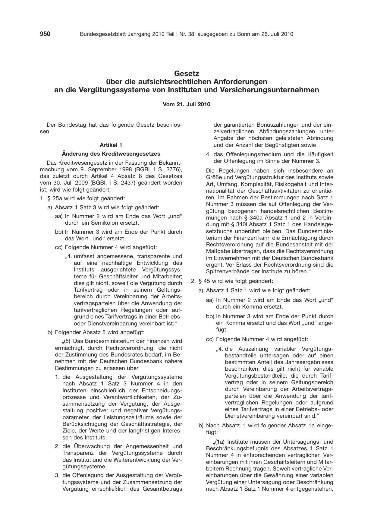 BGBl. 2010, Seite 950 — Originalseite als Abbildung