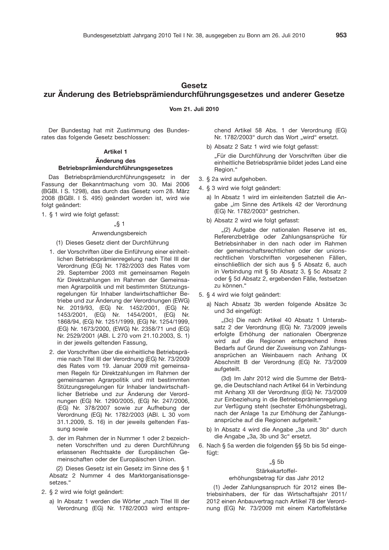 BGBl. 2010, Seite 953 — Originalseite als Abbildung