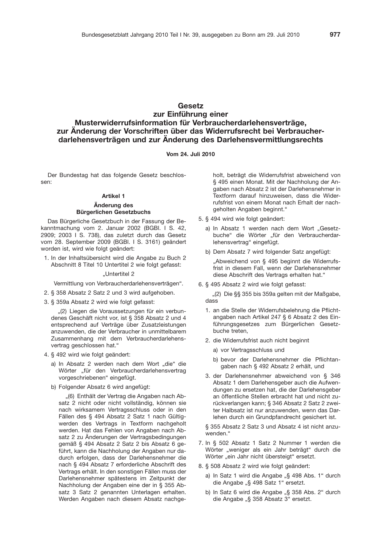 BGBl. 2010, Seite 977 — Originalseite als Abbildung
