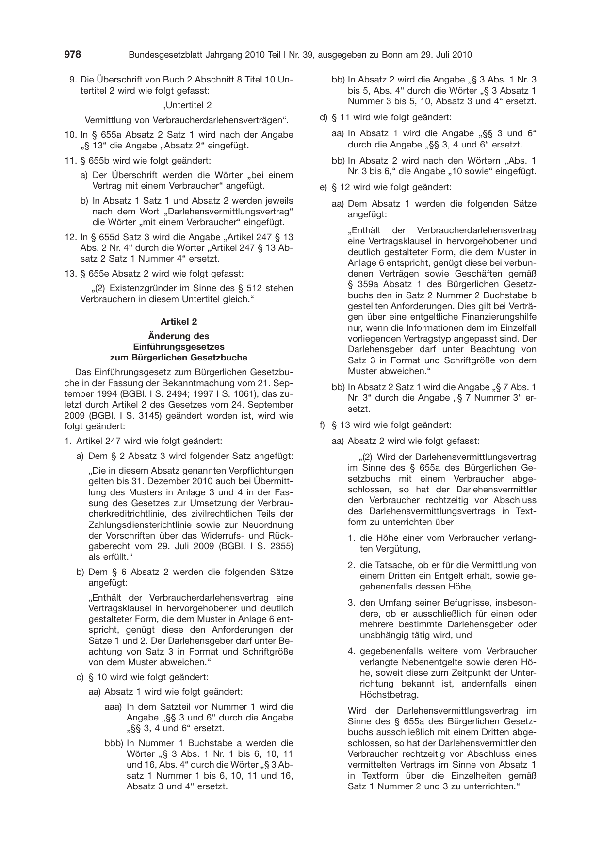 BGBl. 2010, Seite 978 — Originalseite als Abbildung