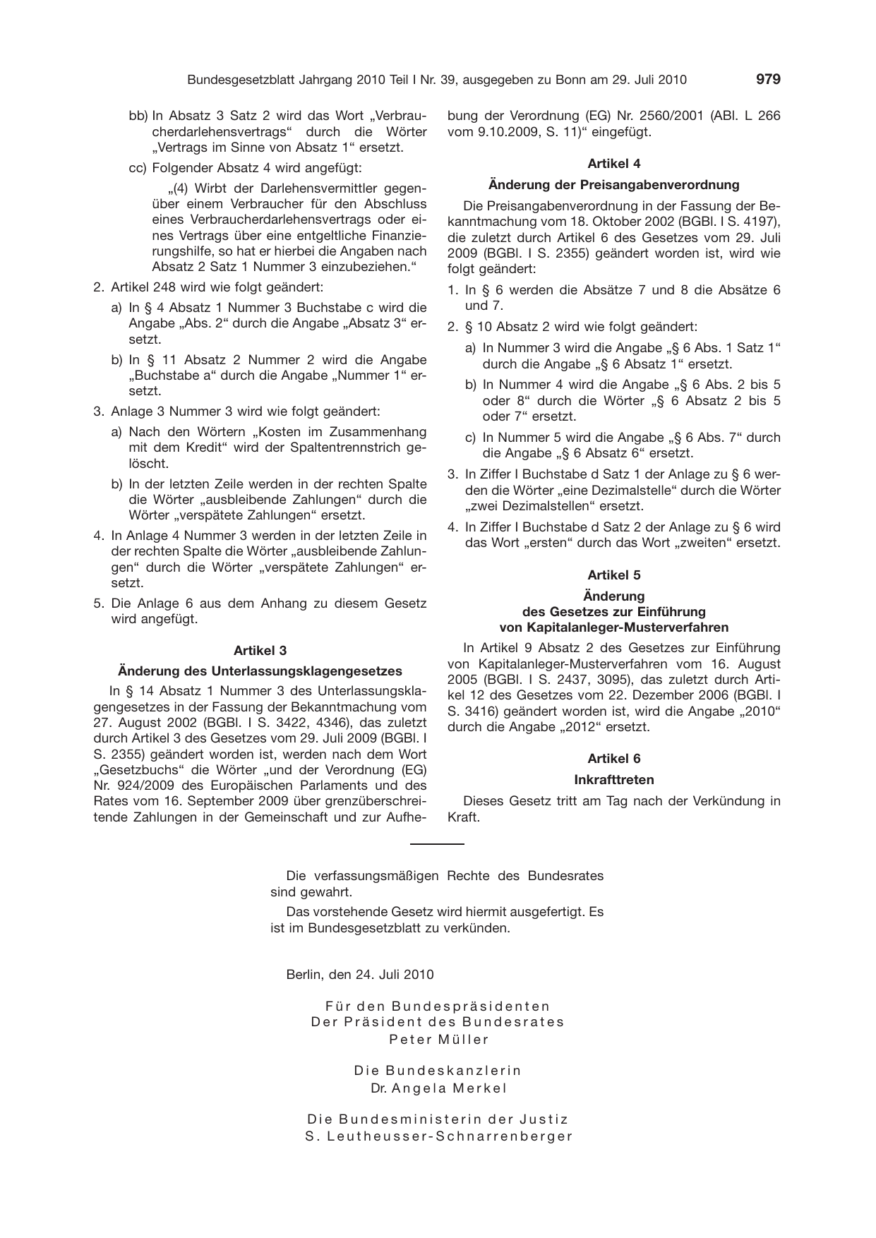 BGBl. 2010, Seite 979 — Originalseite als Abbildung