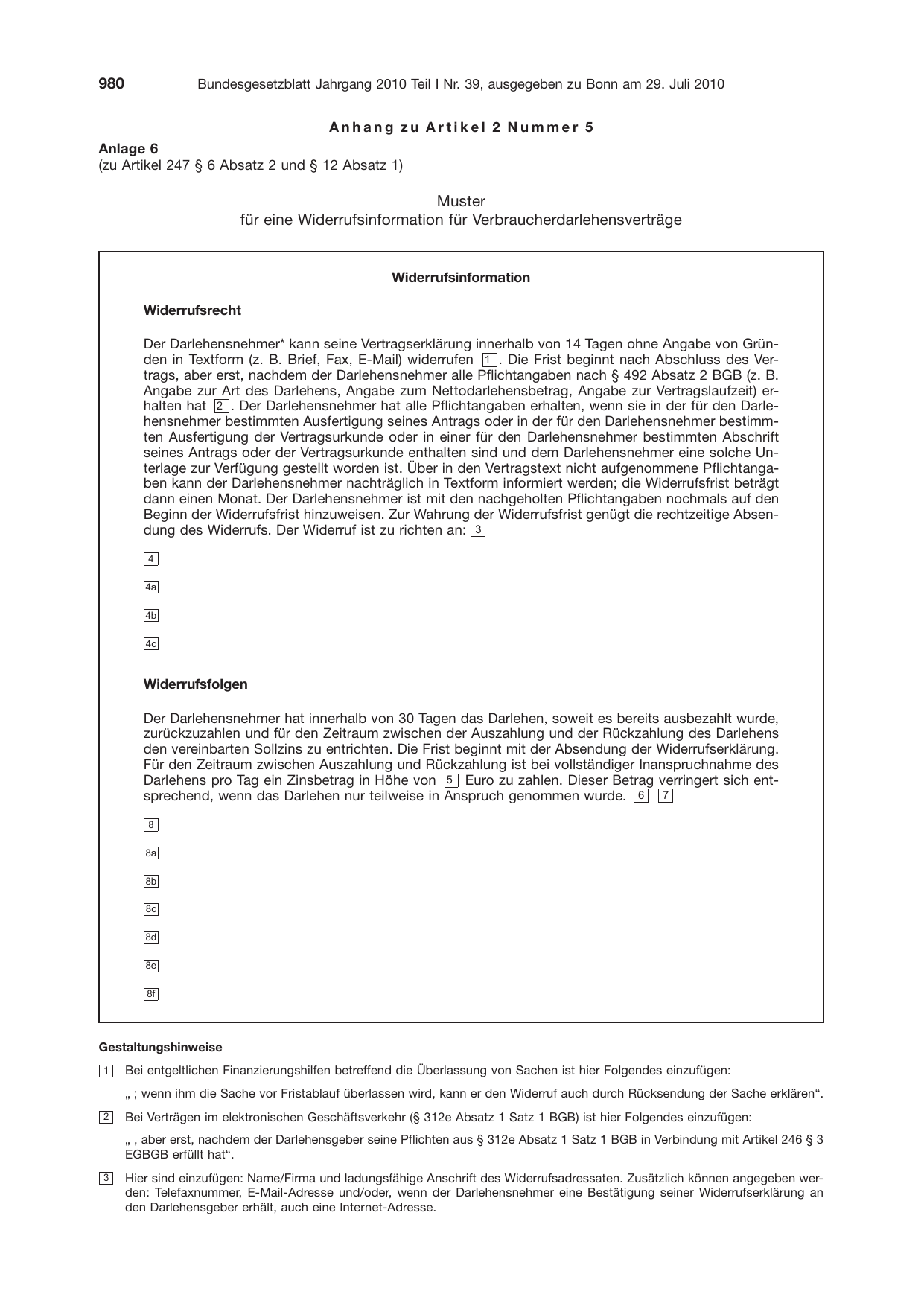 BGBl. 2010, Seite 980 — Originalseite als Abbildung