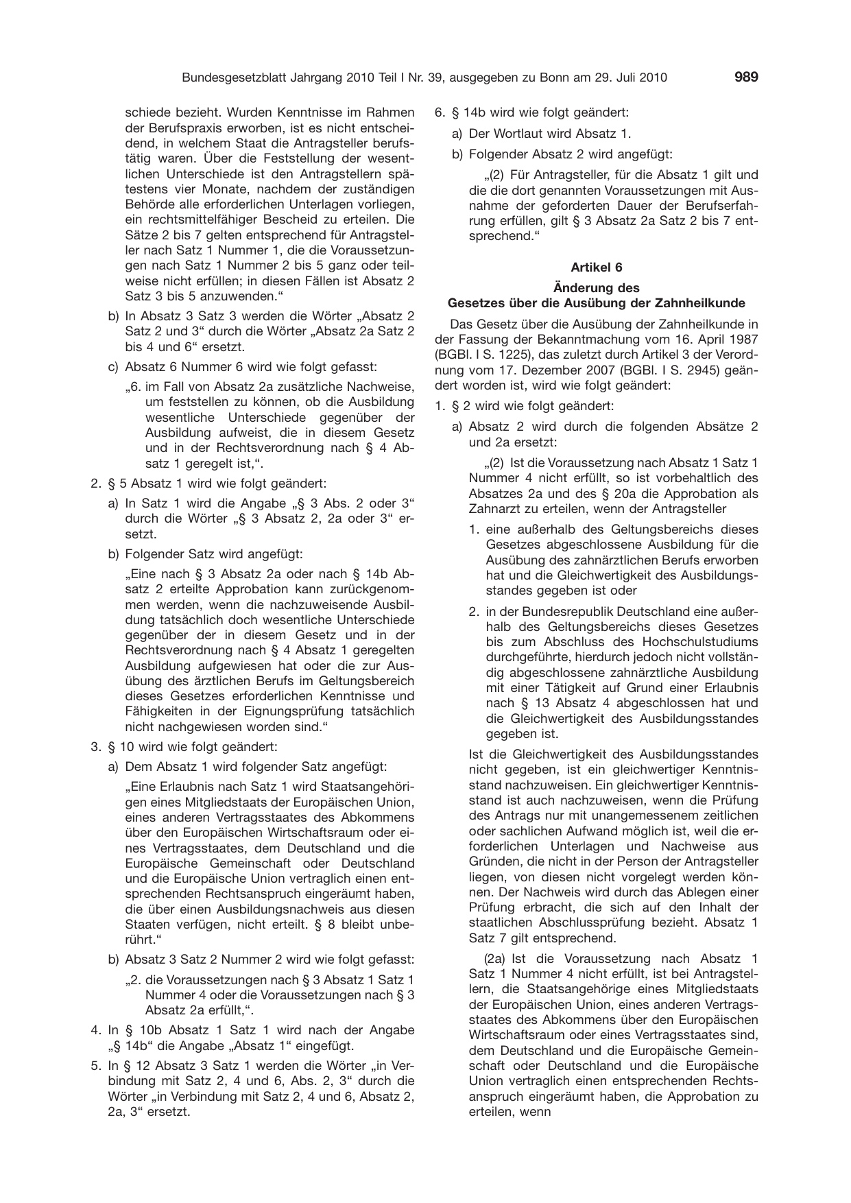 BGBl. 2010, Seite 989 — Originalseite als Abbildung