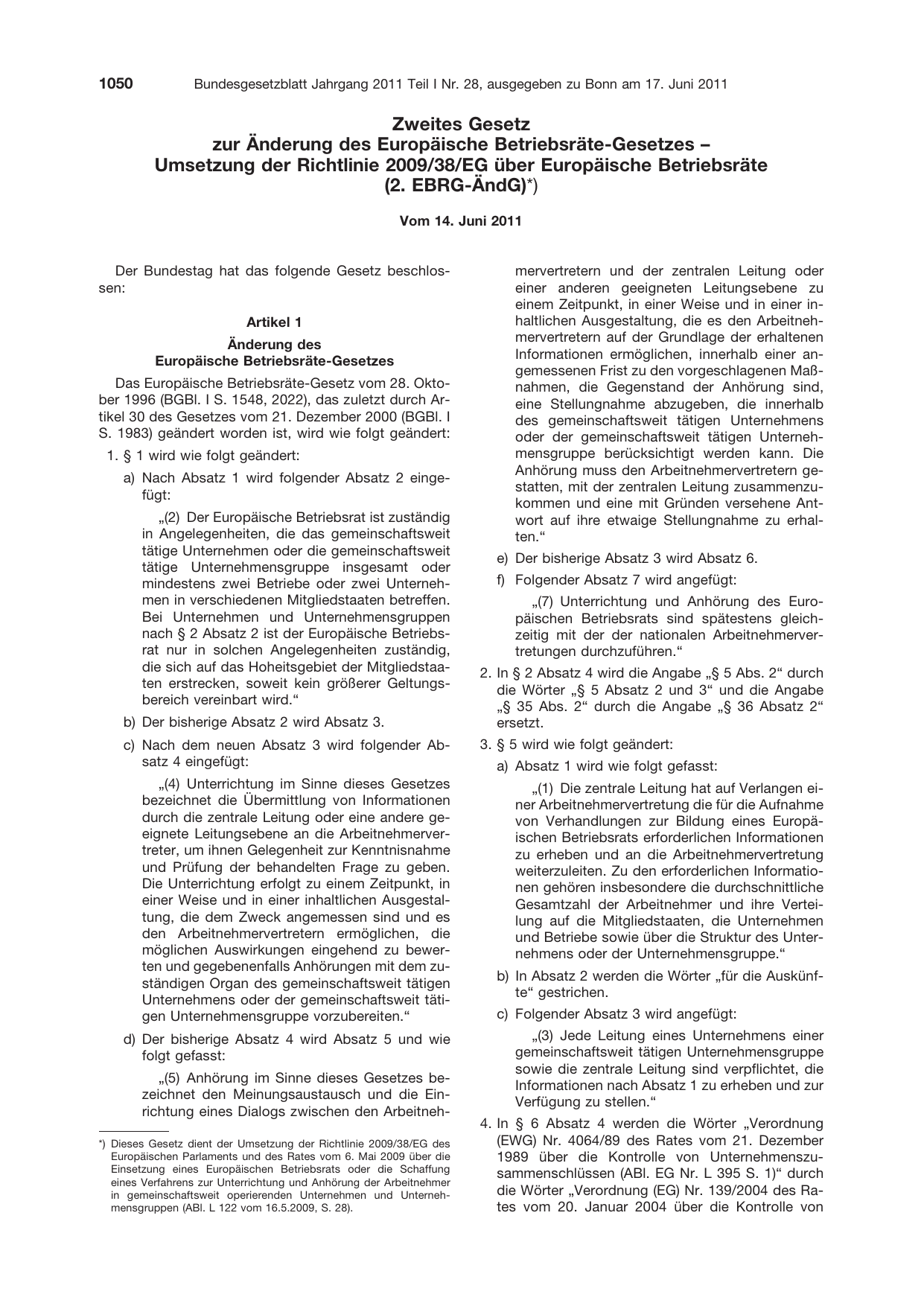 BGBl. 2011, Seite 1050 — Originalseite als Abbildung