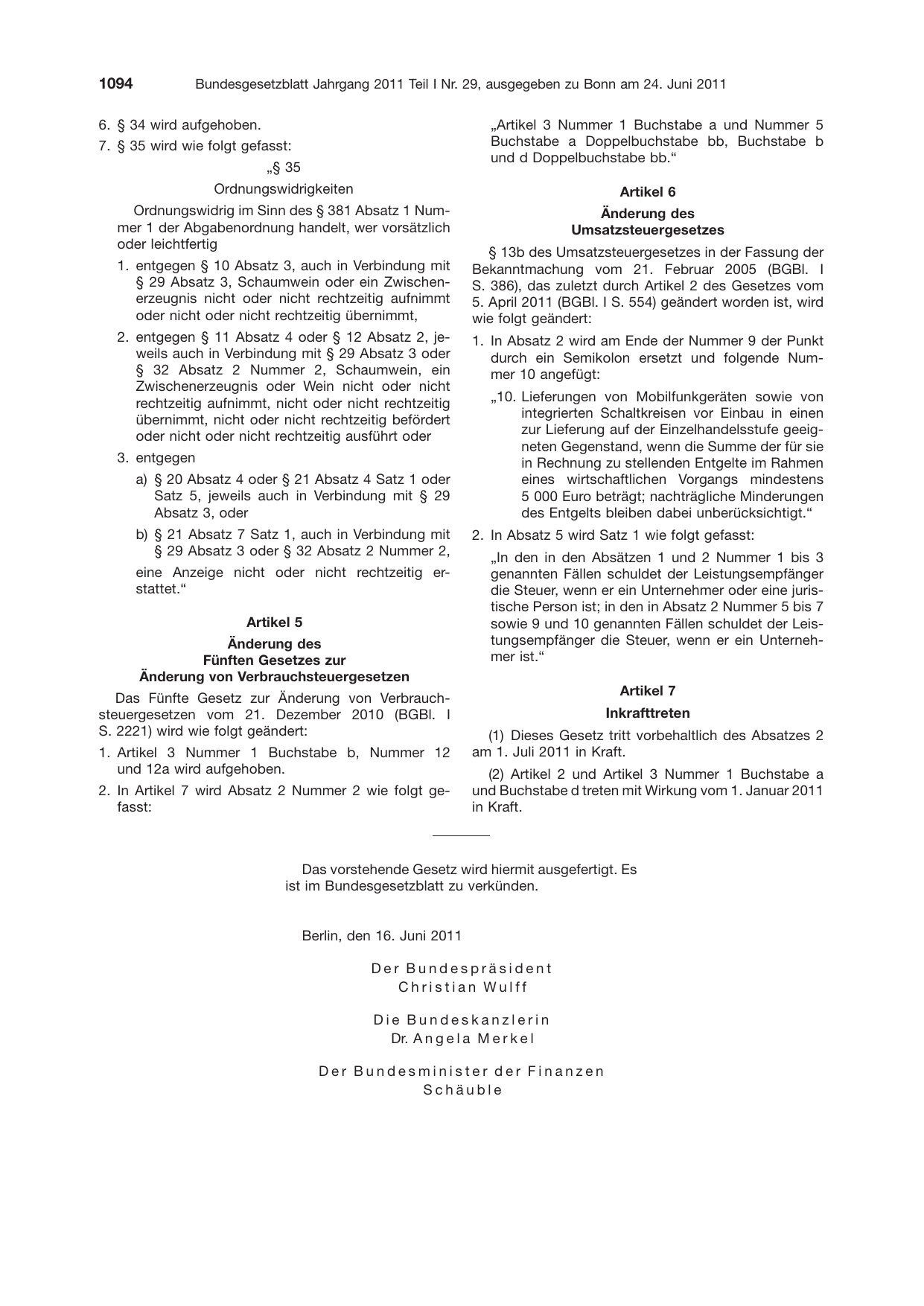BGBl. 2011, Seite 1094 — Originalseite als Abbildung