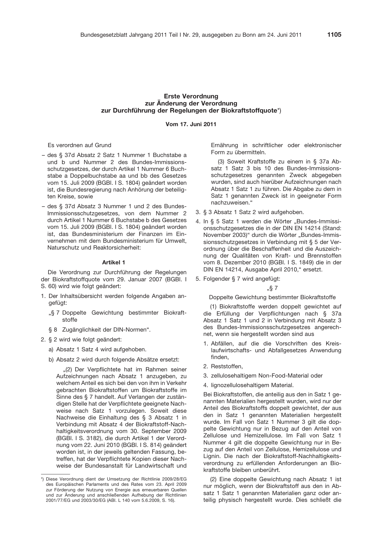 BGBl. 2011, Seite 1105 — Originalseite als Abbildung