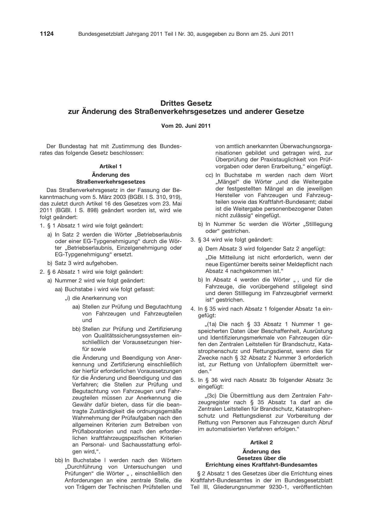 BGBl. 2011, Seite 1124 — Originalseite als Abbildung