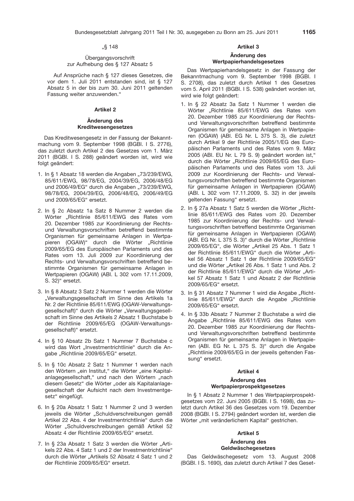 BGBl. 2011, Seite 1165 — Originalseite als Abbildung