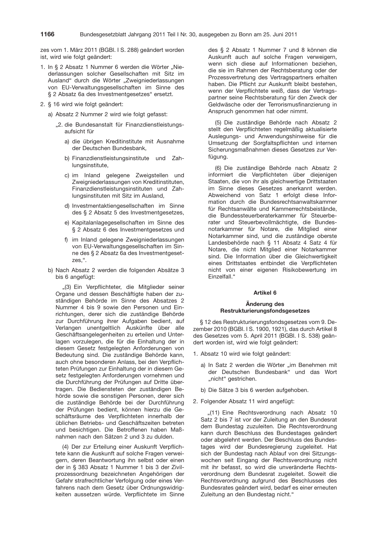 BGBl. 2011, Seite 1166 — Originalseite als Abbildung