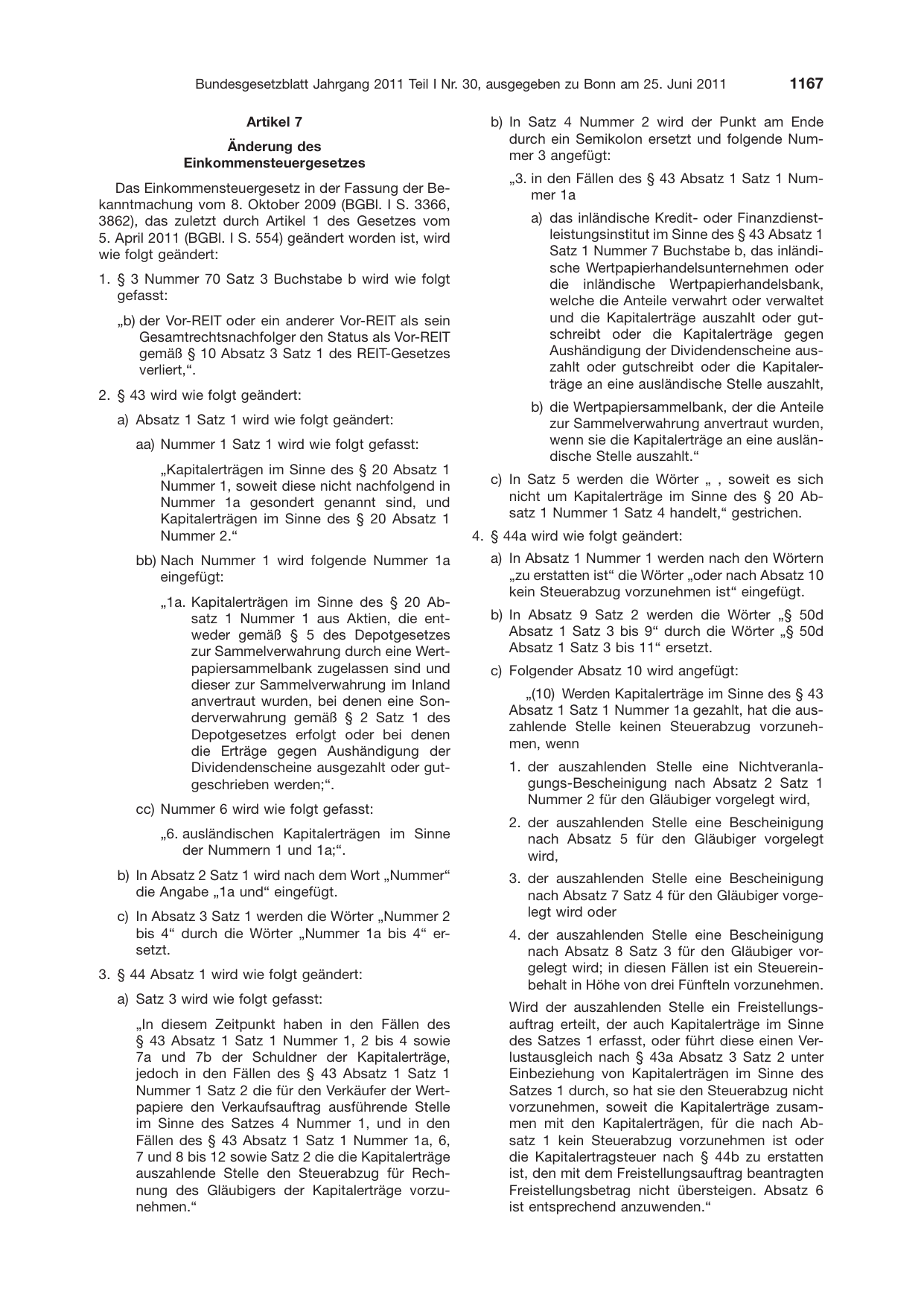 BGBl. 2011, Seite 1167 — Originalseite als Abbildung