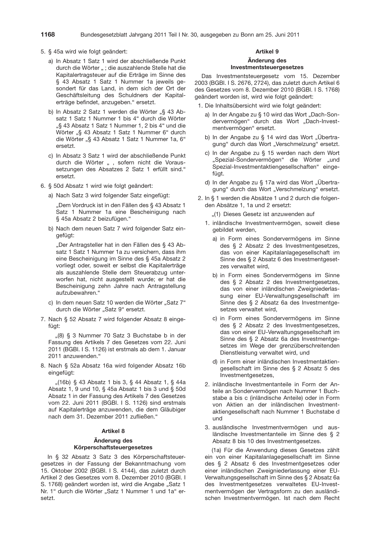 BGBl. 2011, Seite 1168 — Originalseite als Abbildung