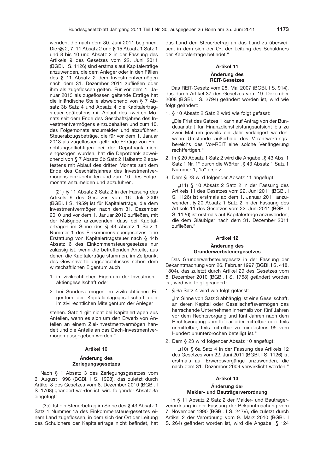 BGBl. 2011, Seite 1173 — Originalseite als Abbildung