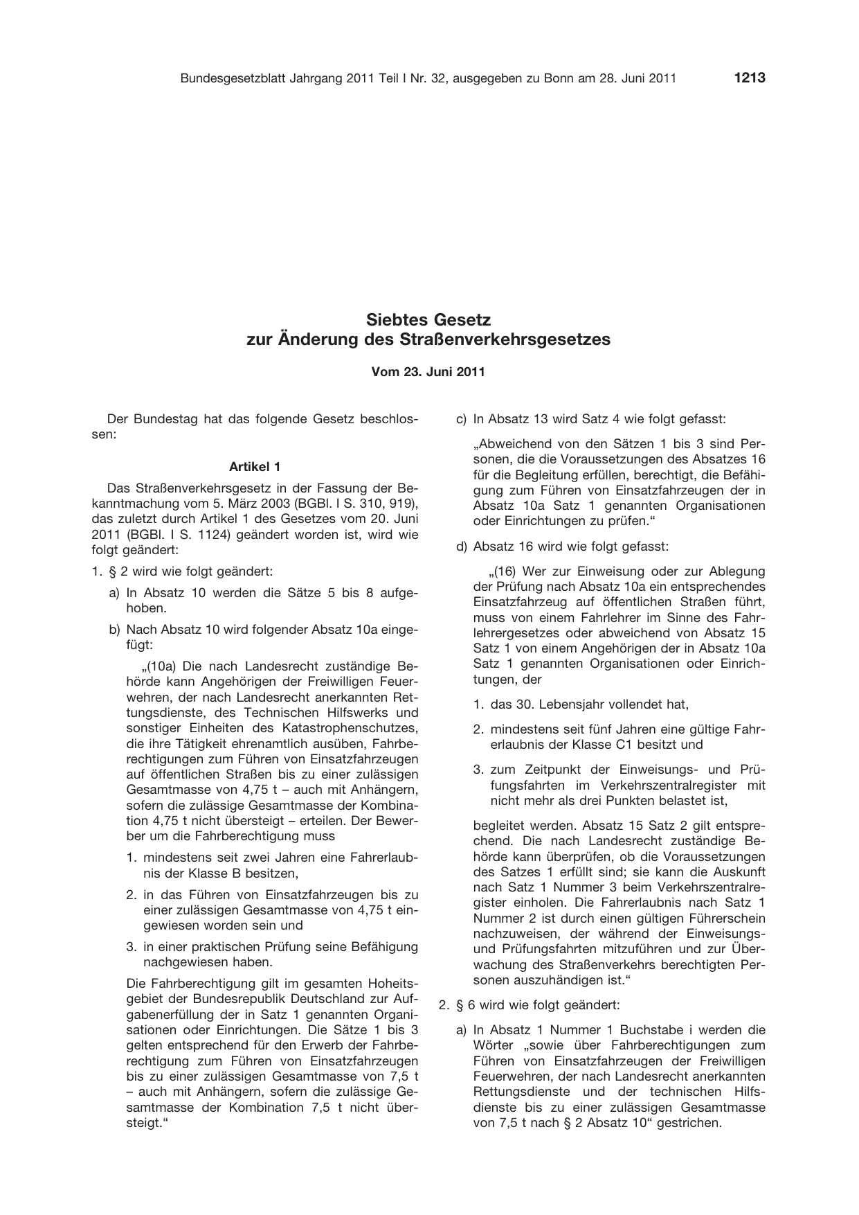 BGBl. 2011, Seite 1213 — Originalseite als Abbildung