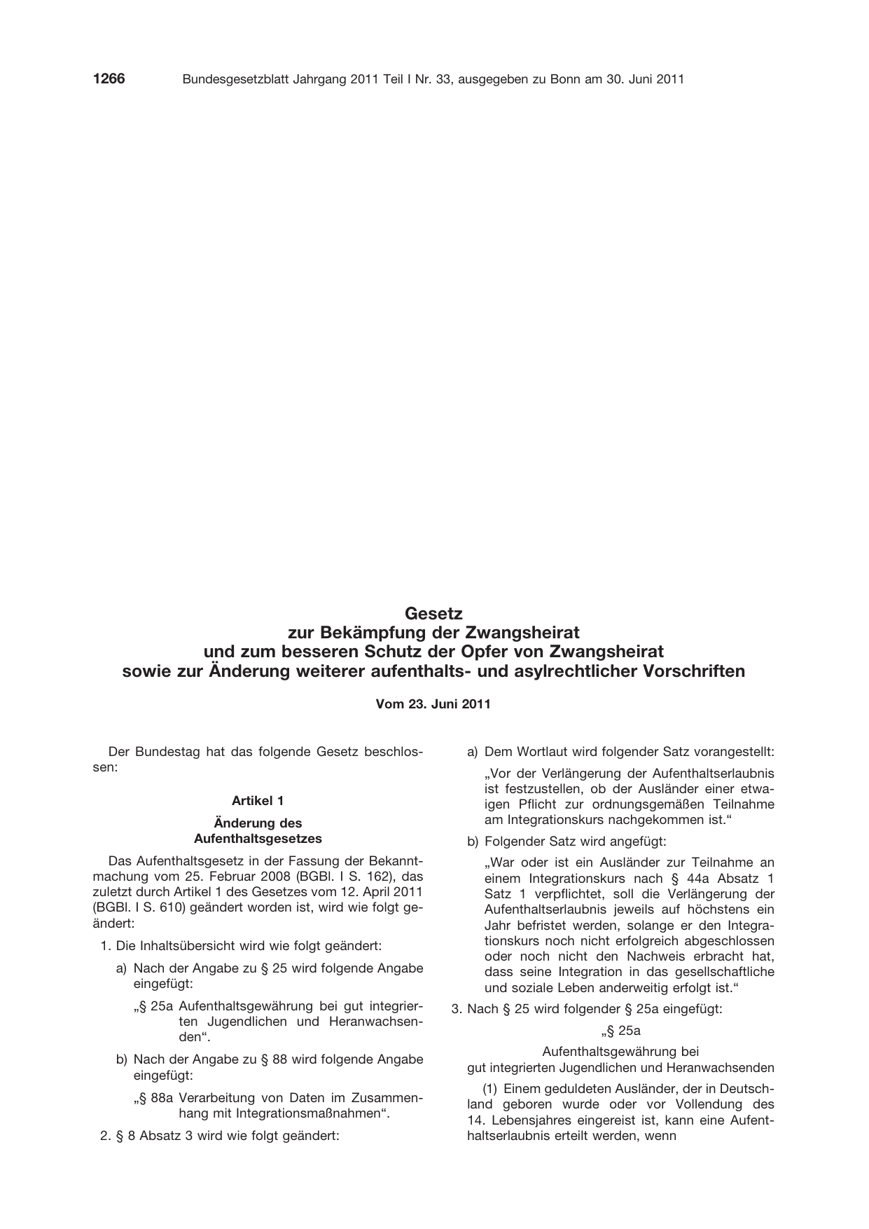 BGBl. 2011, Seite 1266 — Originalseite als Abbildung