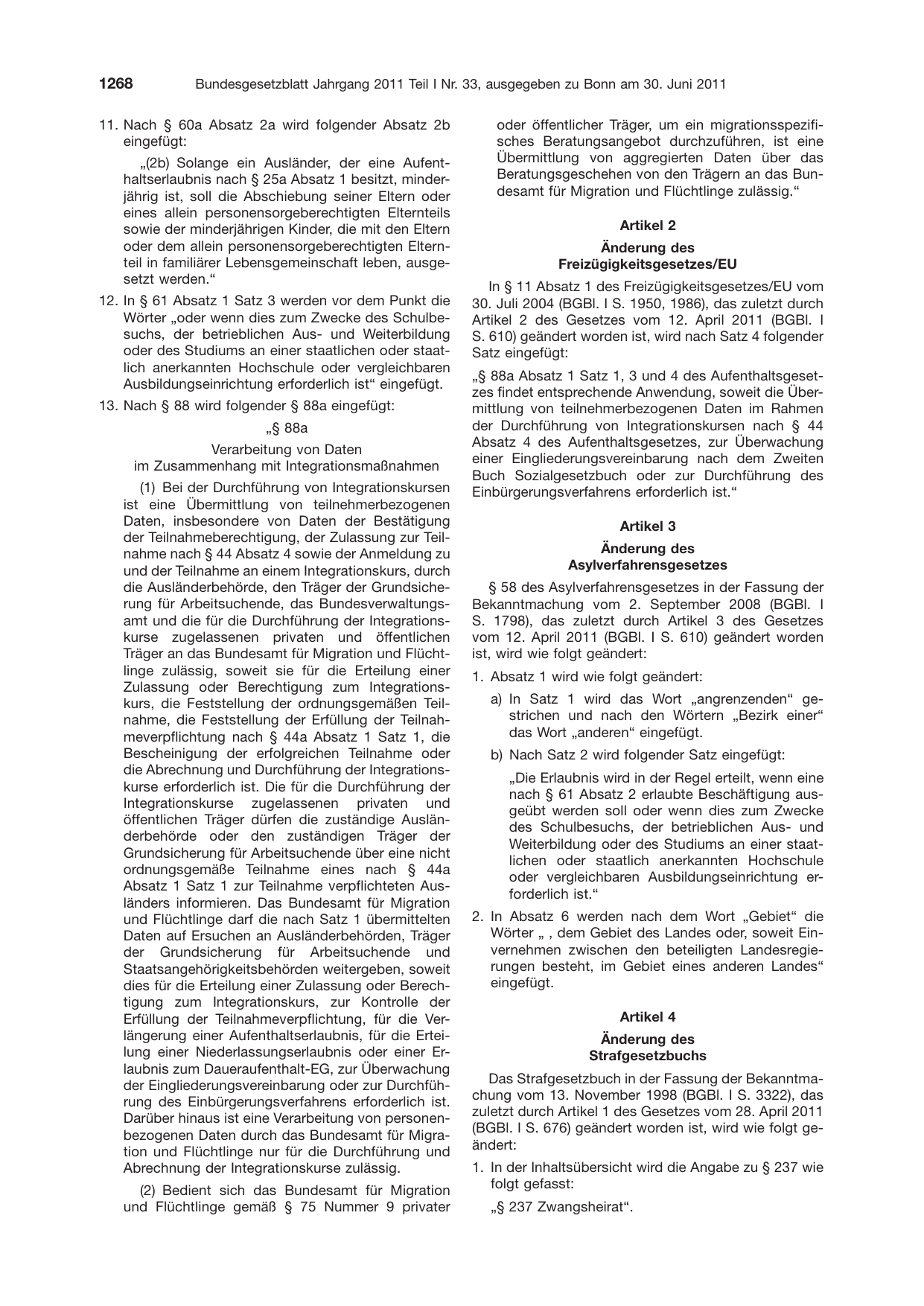BGBl. 2011, Seite 1268 — Originalseite als Abbildung