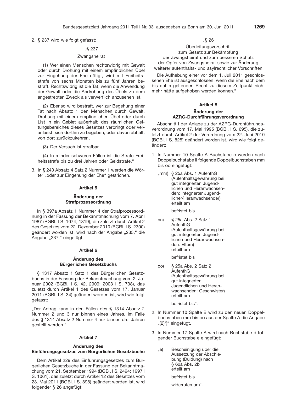 BGBl. 2011, Seite 1269 — Originalseite als Abbildung