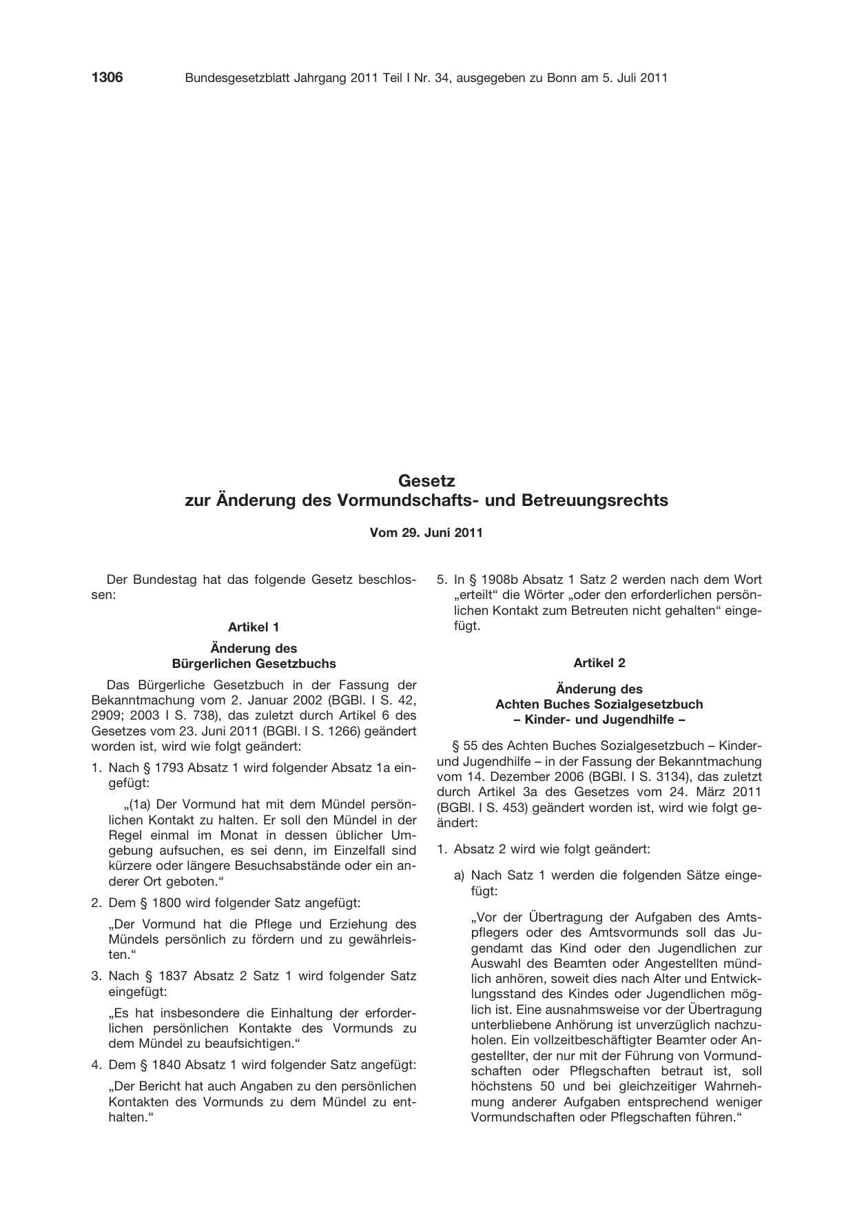 BGBl. 2011, Seite 1306 — Originalseite als Abbildung