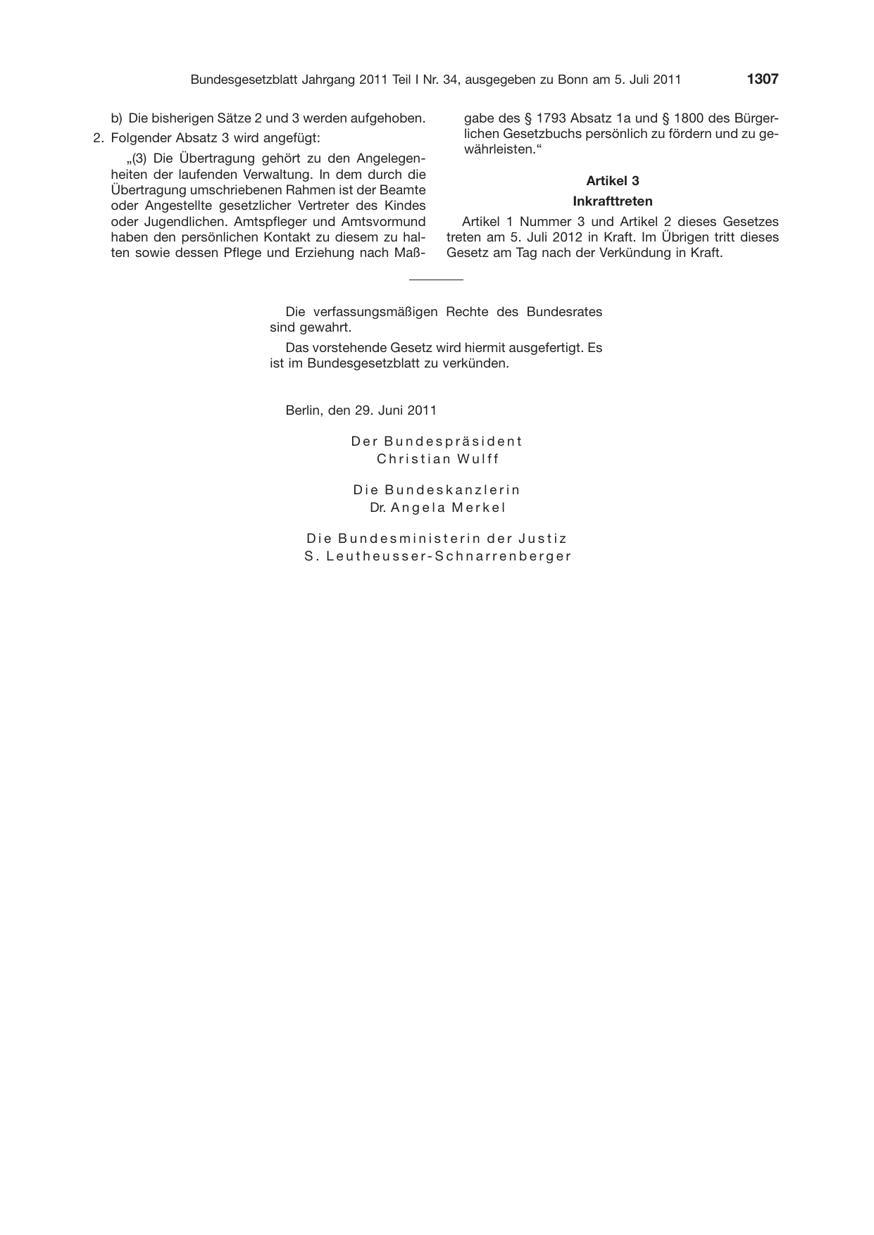 BGBl. 2011, Seite 1307 — Originalseite als Abbildung