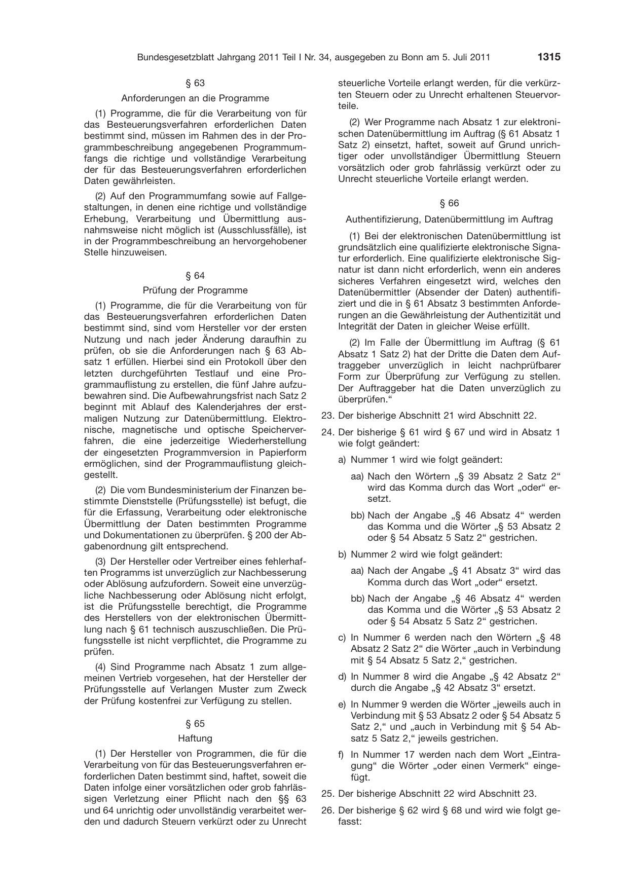 BGBl. 2011, Seite 1315 — Originalseite als Abbildung