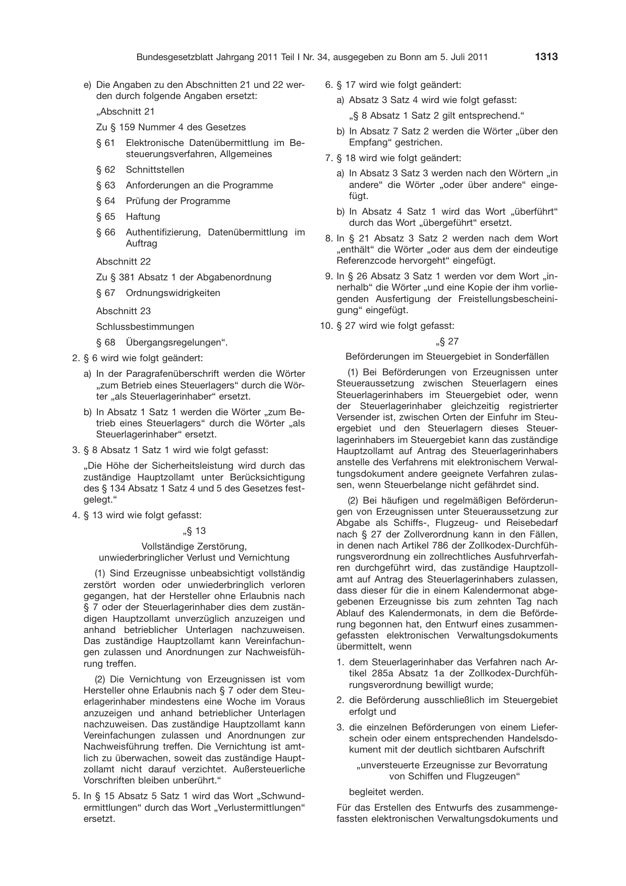 BGBl. 2011, Seite 1313 — Originalseite als Abbildung