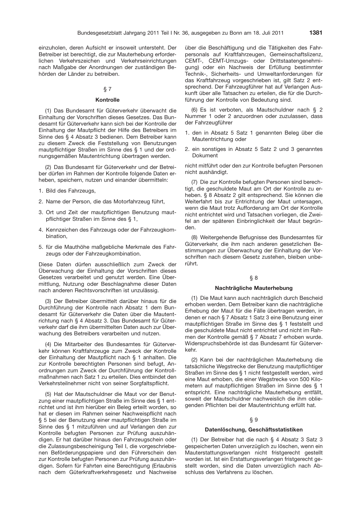 BGBl. 2011, Seite 1381 — Originalseite als Abbildung