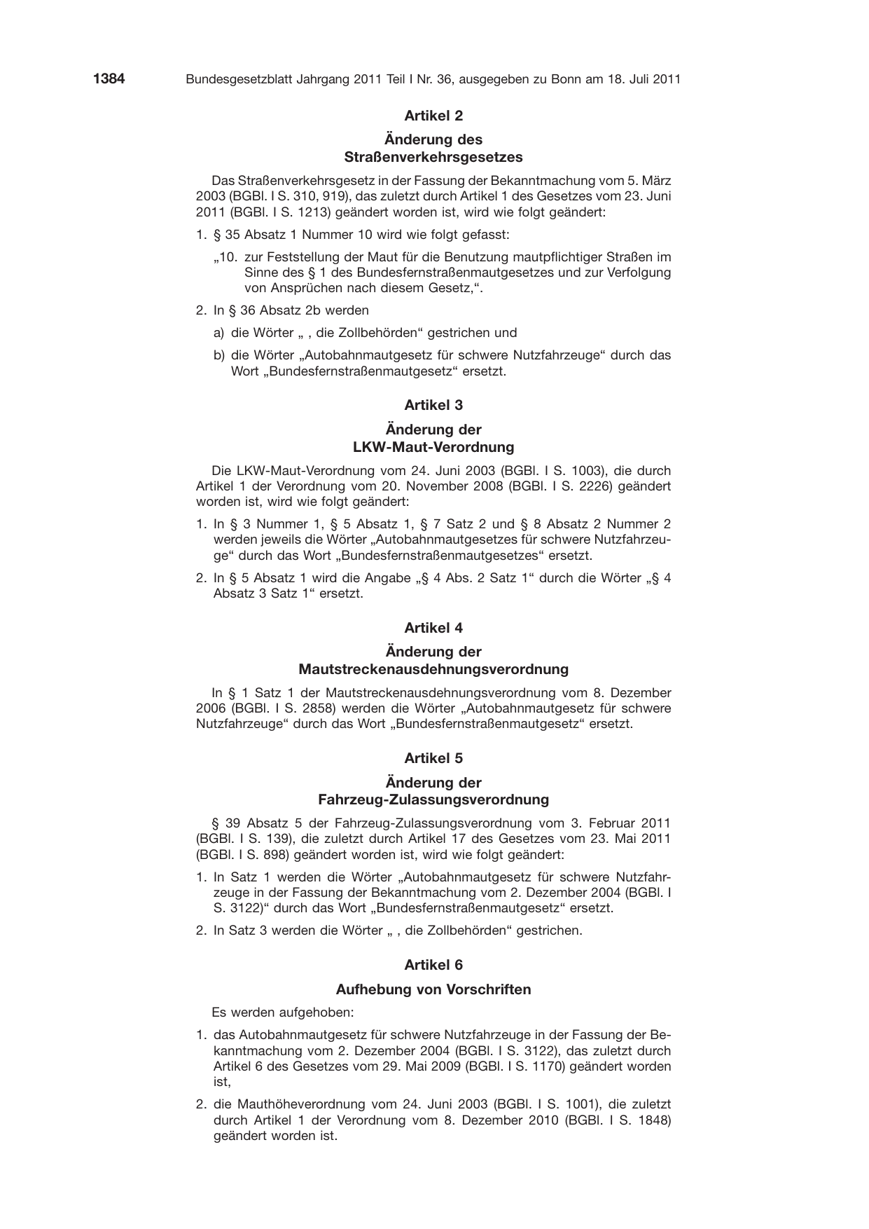 BGBl. 2011, Seite 1384 — Originalseite als Abbildung