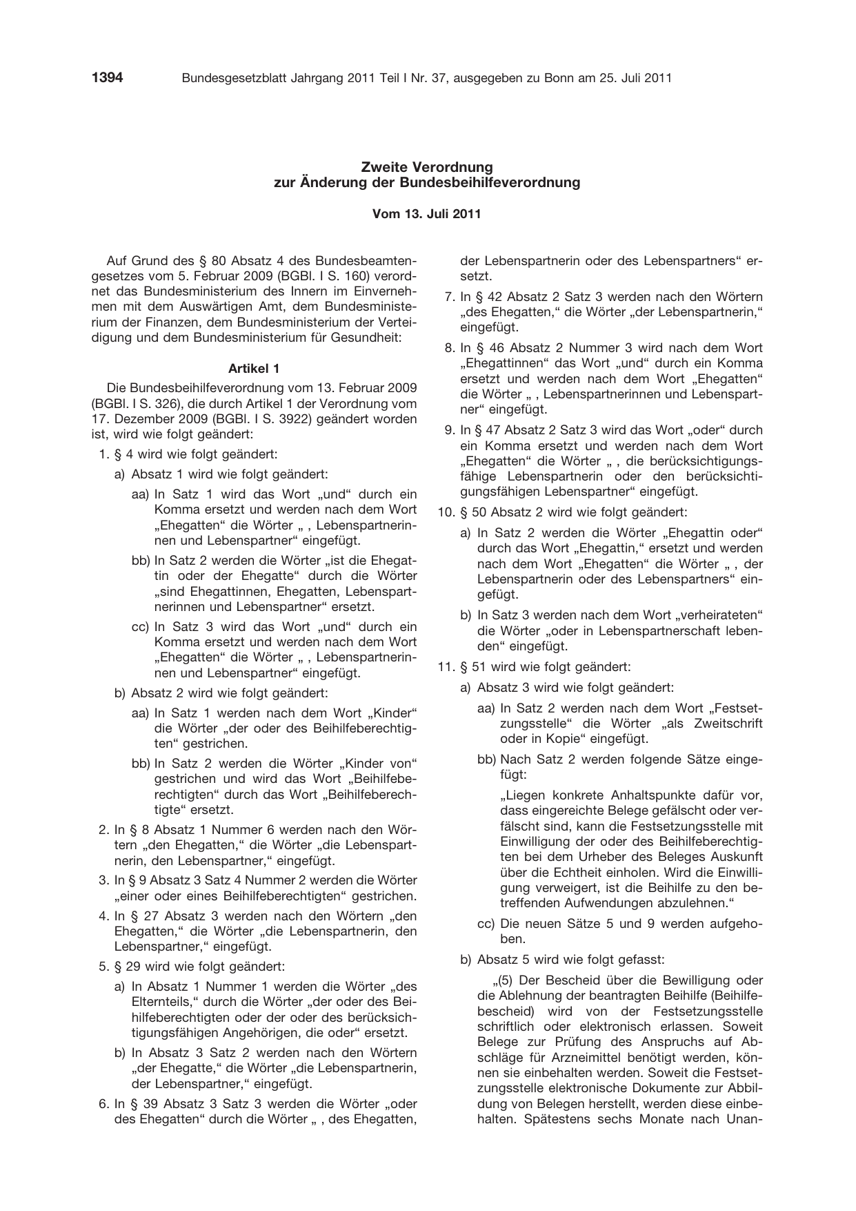 BGBl. 2011, Seite 1394 — Originalseite als Abbildung