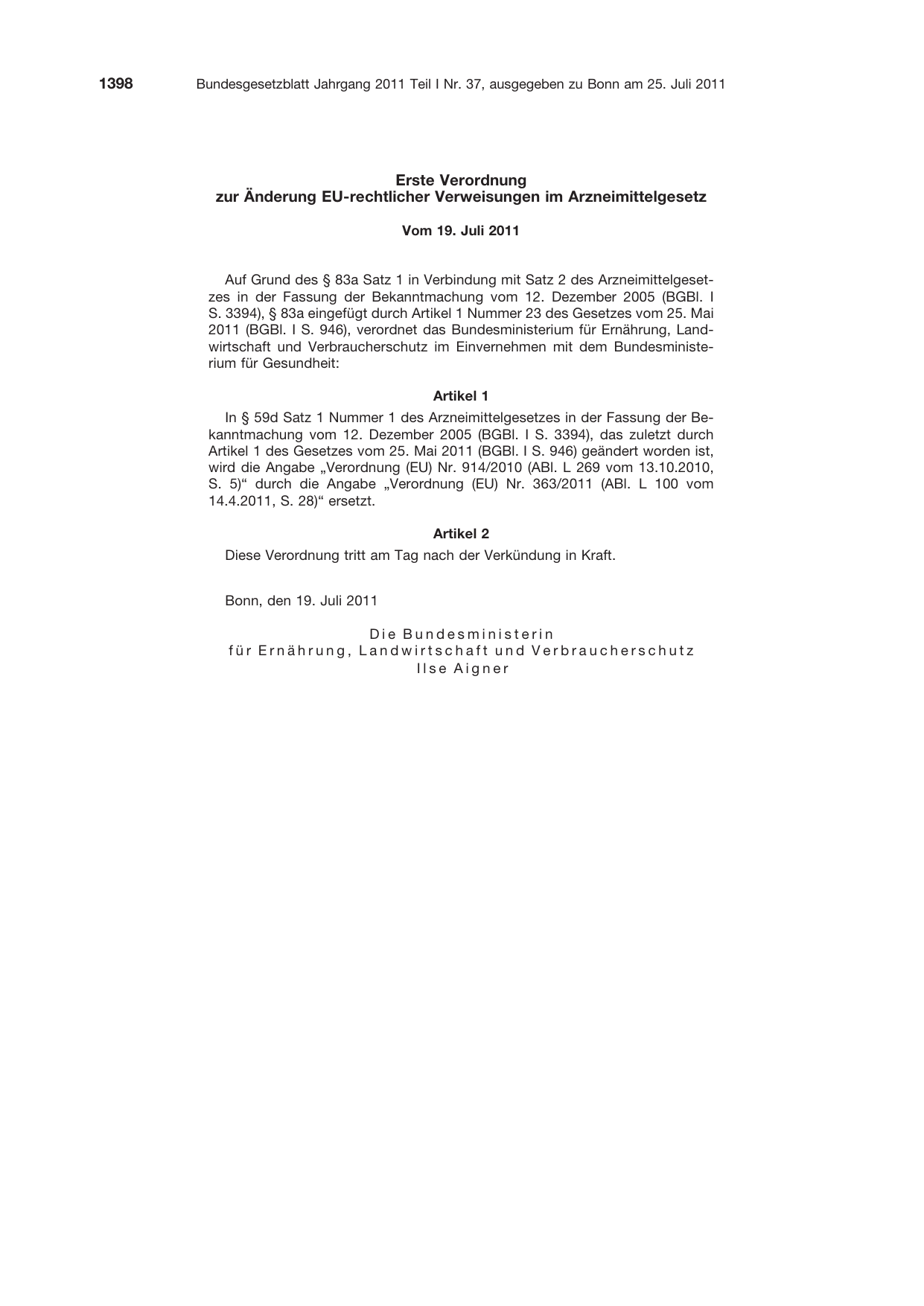 BGBl. 2011, Seite 1398 — Originalseite als Abbildung