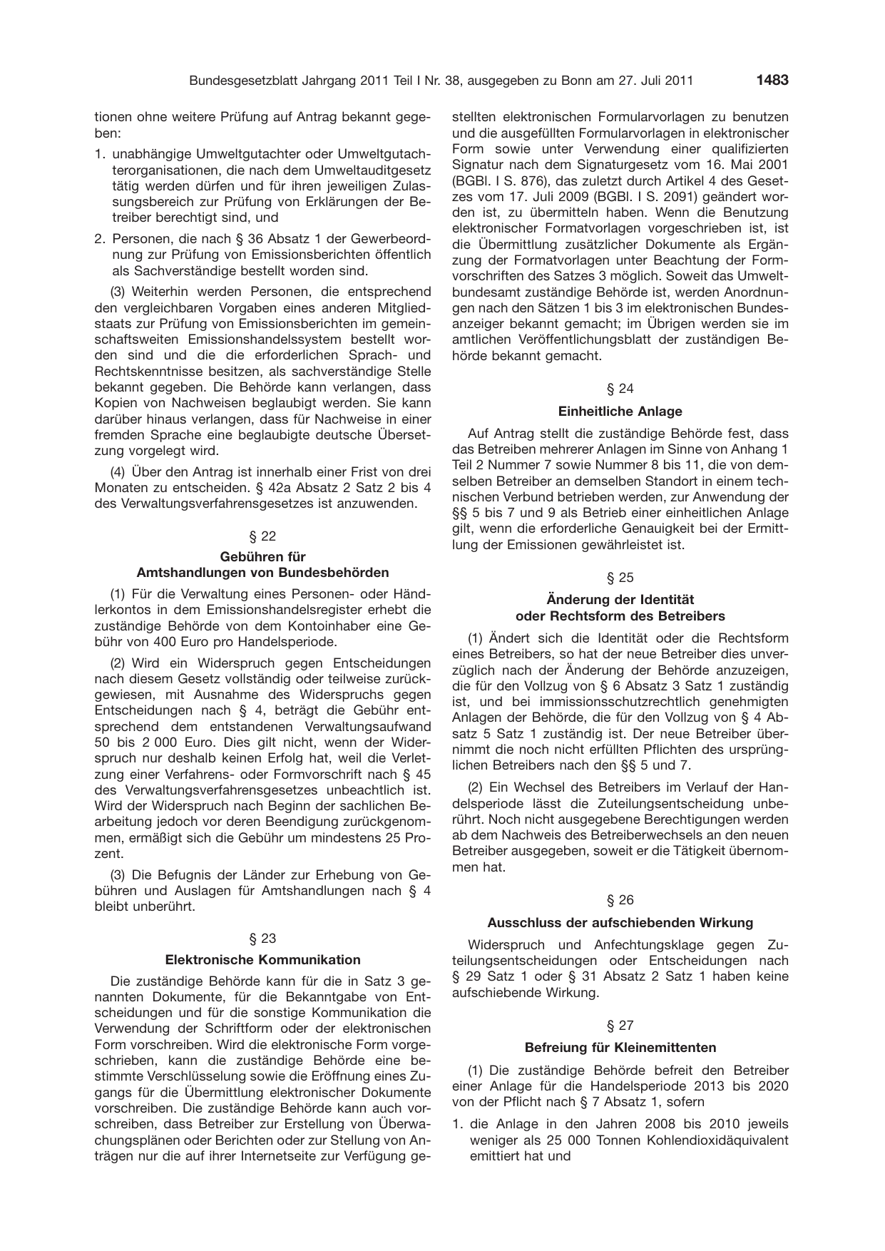 BGBl. 2011, Seite 1483 — Originalseite als Abbildung