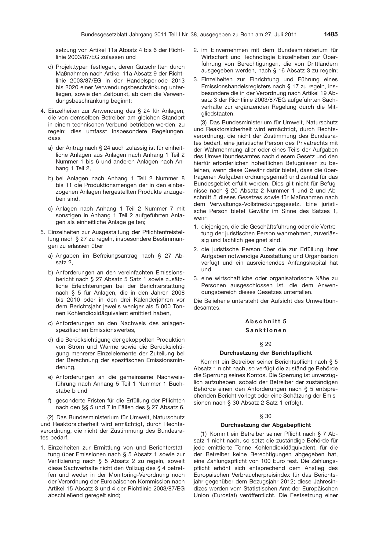 BGBl. 2011, Seite 1485 — Originalseite als Abbildung