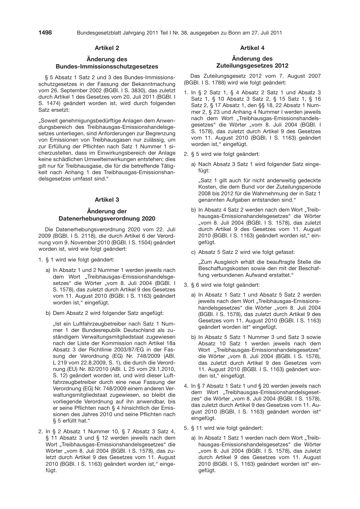 BGBl. 2011, Seite 1498 — Originalseite als Abbildung