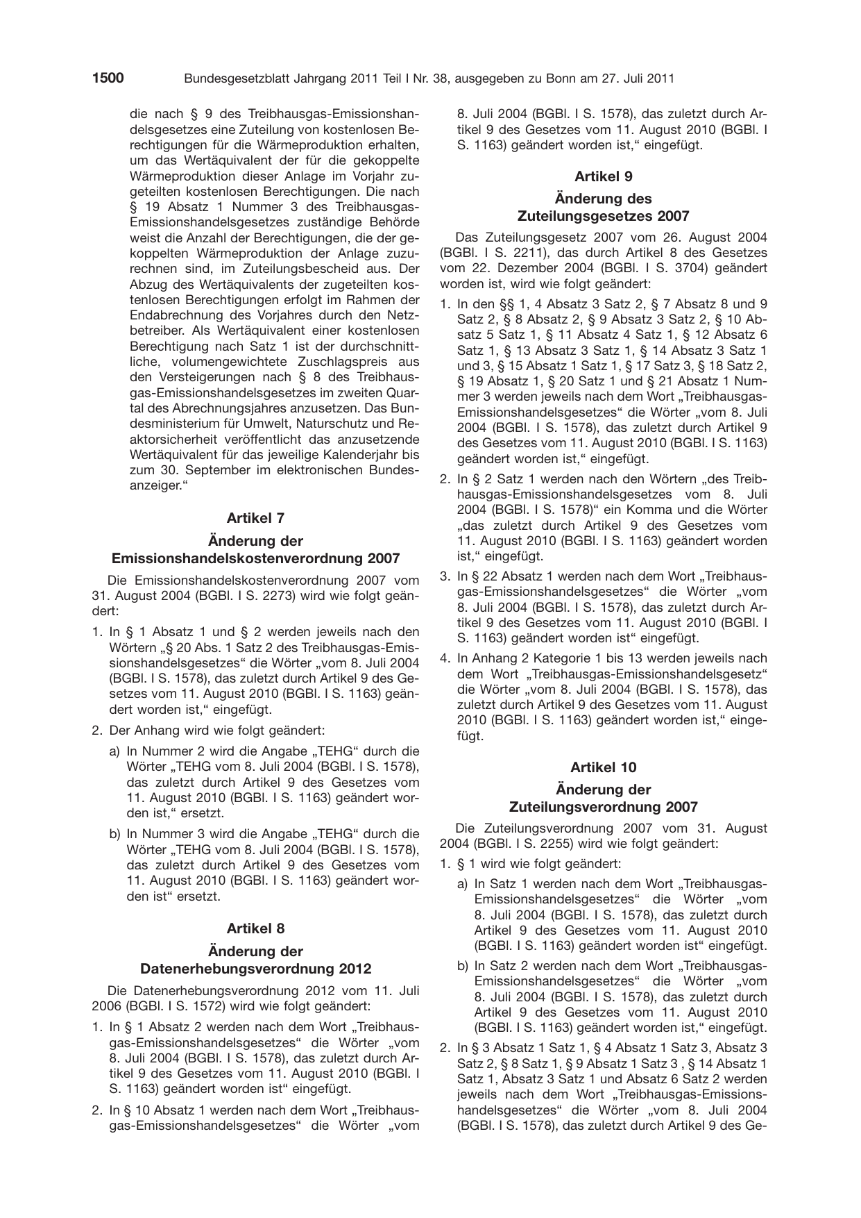 BGBl. 2011, Seite 1500 — Originalseite als Abbildung