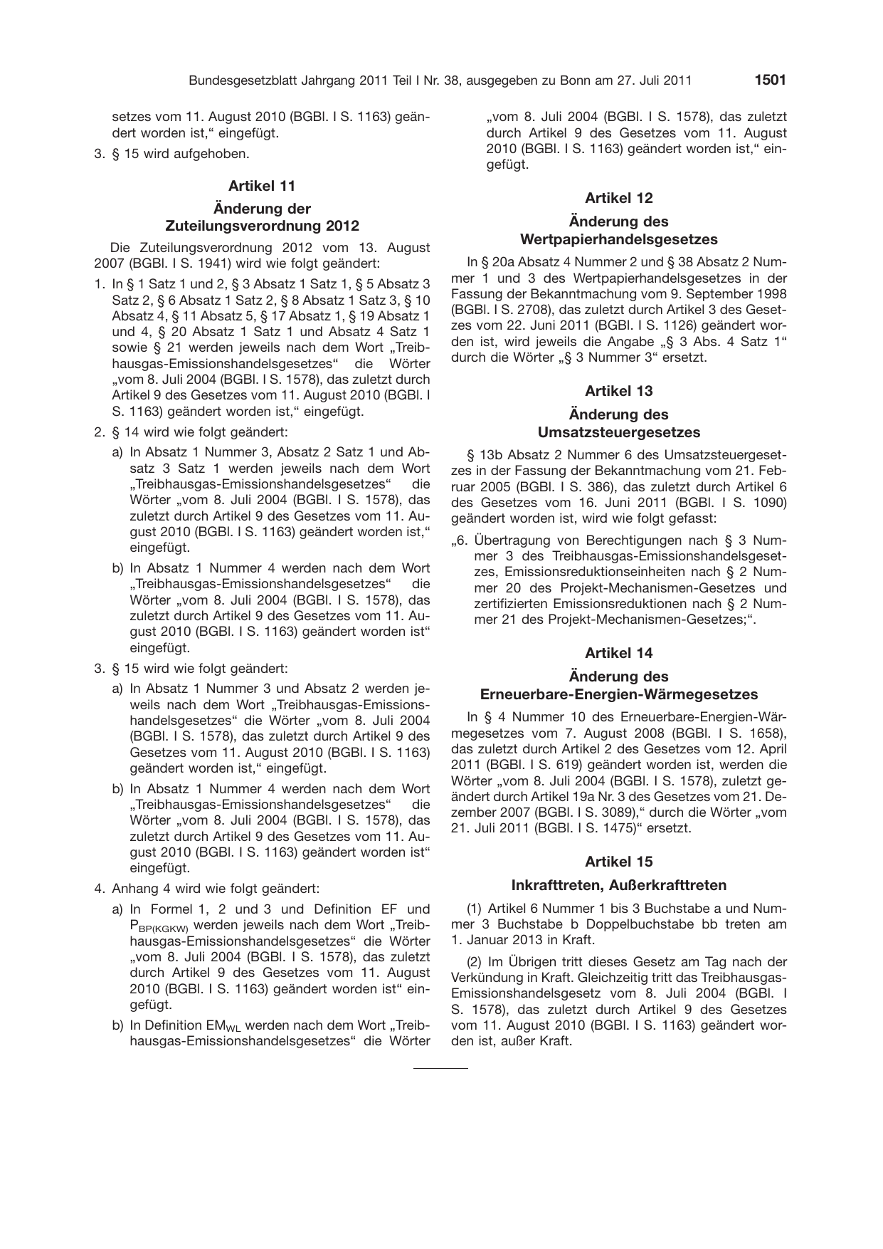 BGBl. 2011, Seite 1501 — Originalseite als Abbildung