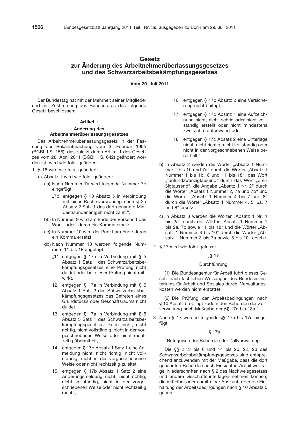 BGBl. 2011, Seite 1506 — Originalseite als Abbildung